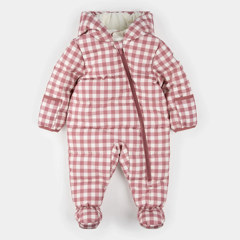 Hooded Baby Snowsuit | Plum Gingham | Petit Lem