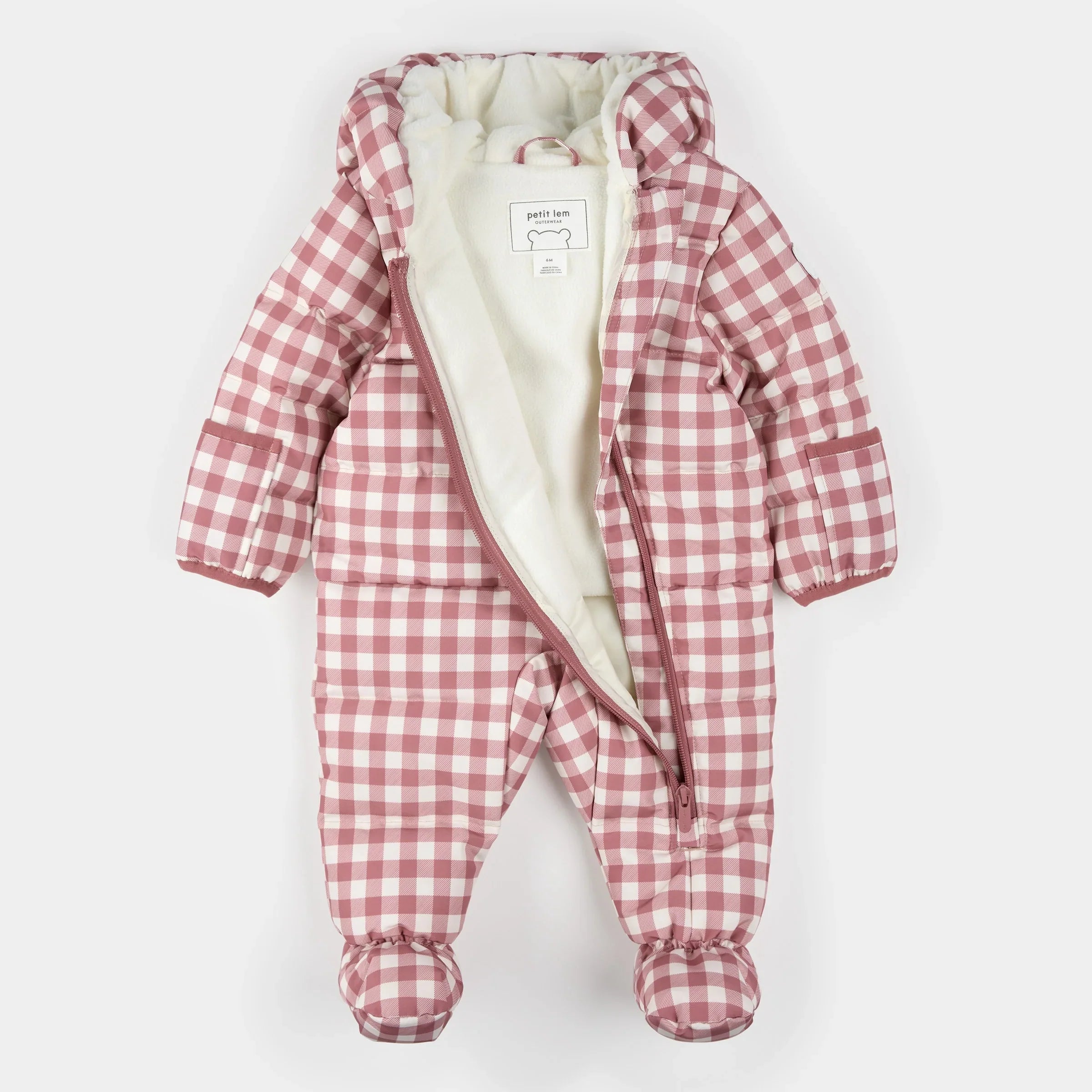 Hooded Baby Snowsuit | Plum Gingham | Petit Lem