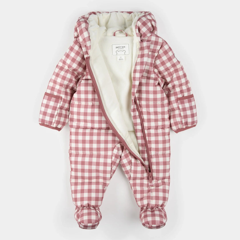 Hooded Baby Snowsuit | Plum Gingham | Petit Lem