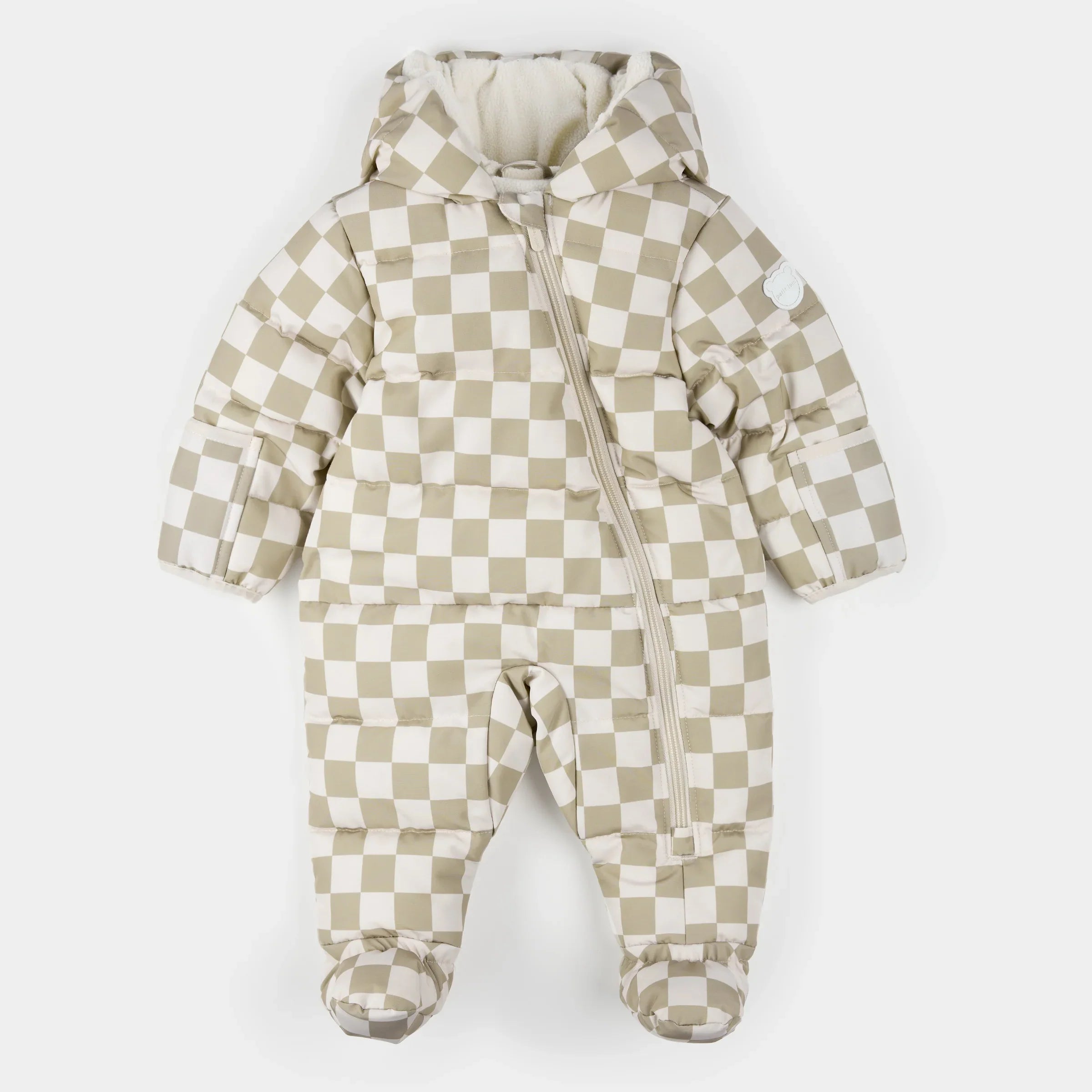 Hooded Baby Snowsuit | Crème Checkerboard | Petit Lem