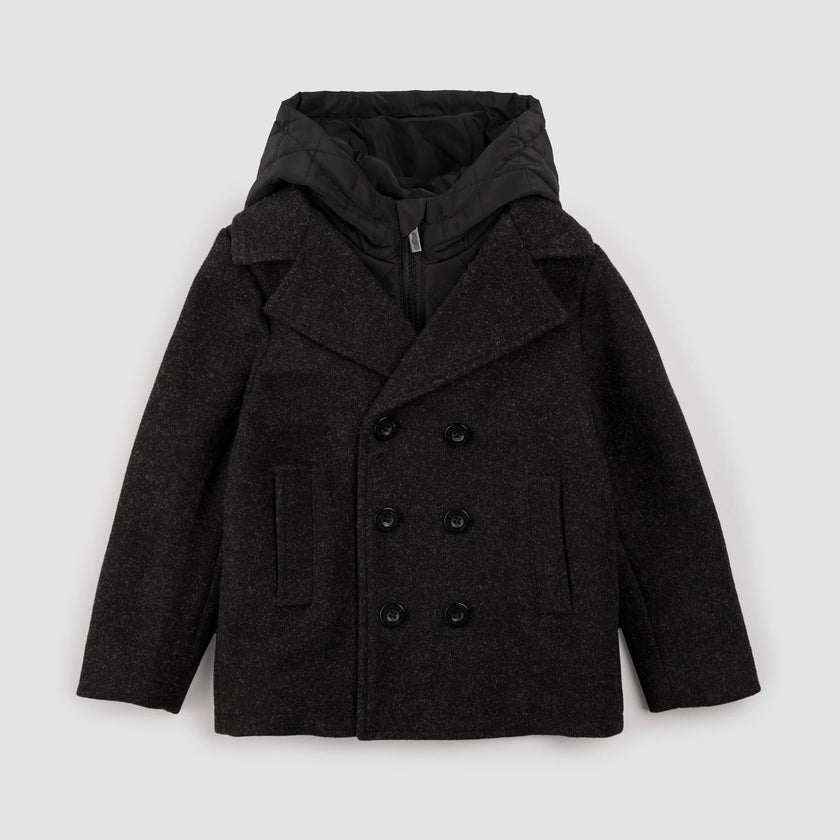 Hooded Woven Pea Coat | Dark Heather Grey | Miles the Label