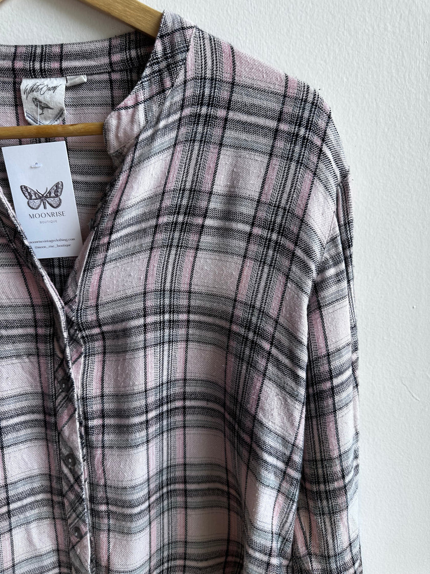 Soft Pink & Grey Plaid Button-Up – Size Small