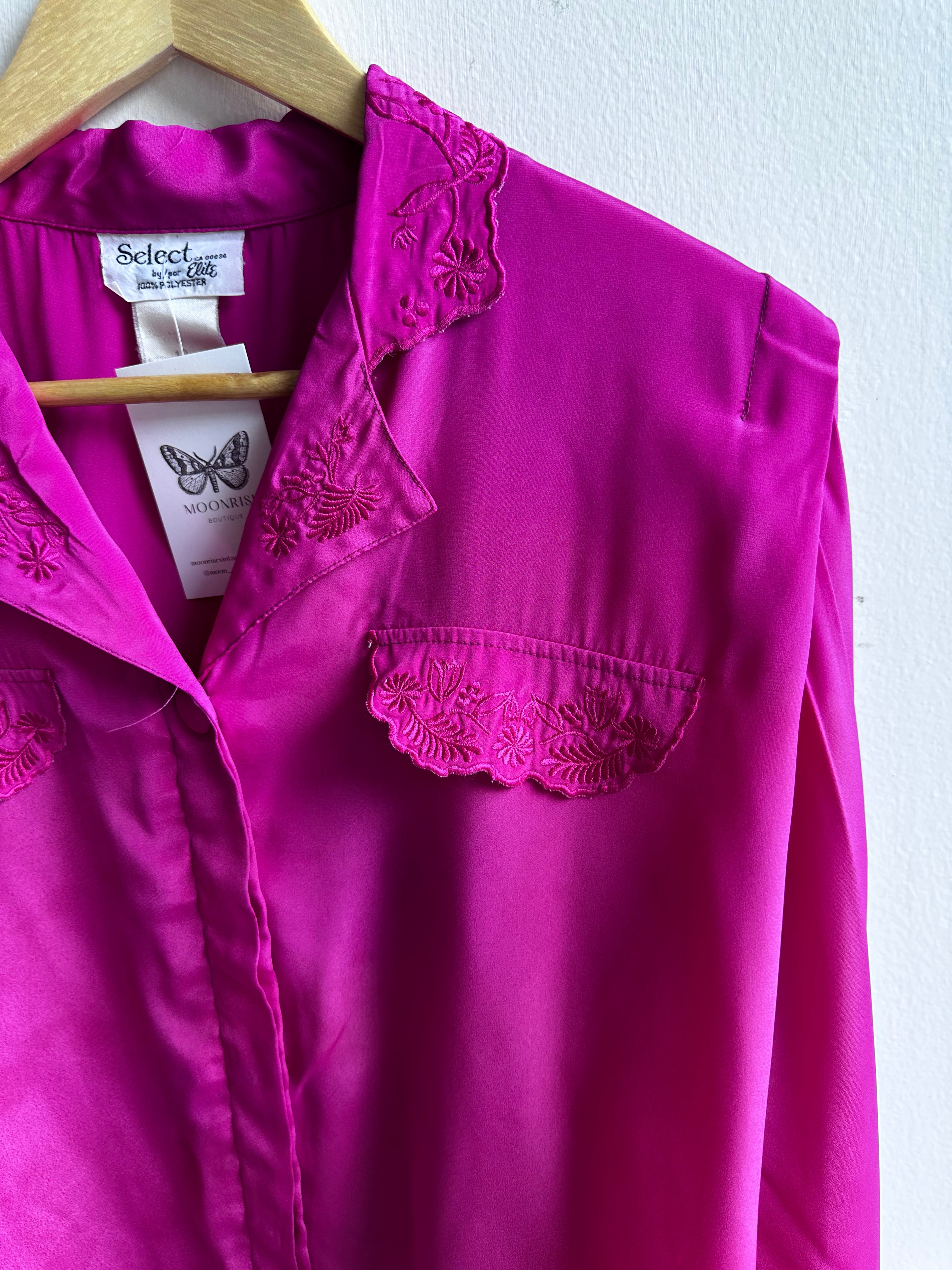 Magenta Embroidered Satin Look Blouse – Size Large