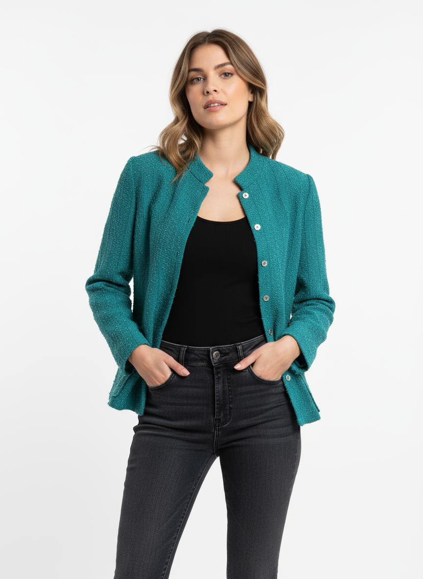 Vintage Leslie Fay Teal Bouclé Button-Up Jacket – Size Medium
