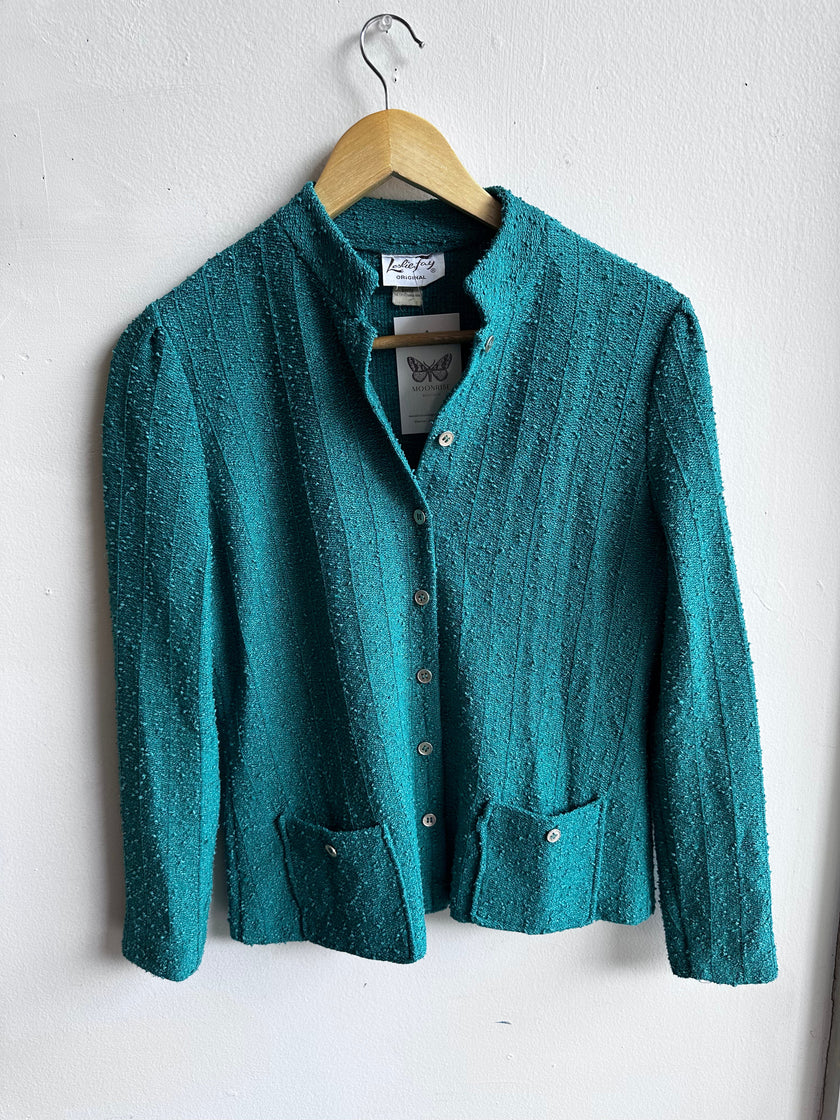 Vintage Leslie Fay Teal Bouclé Button-Up Jacket – Size Medium