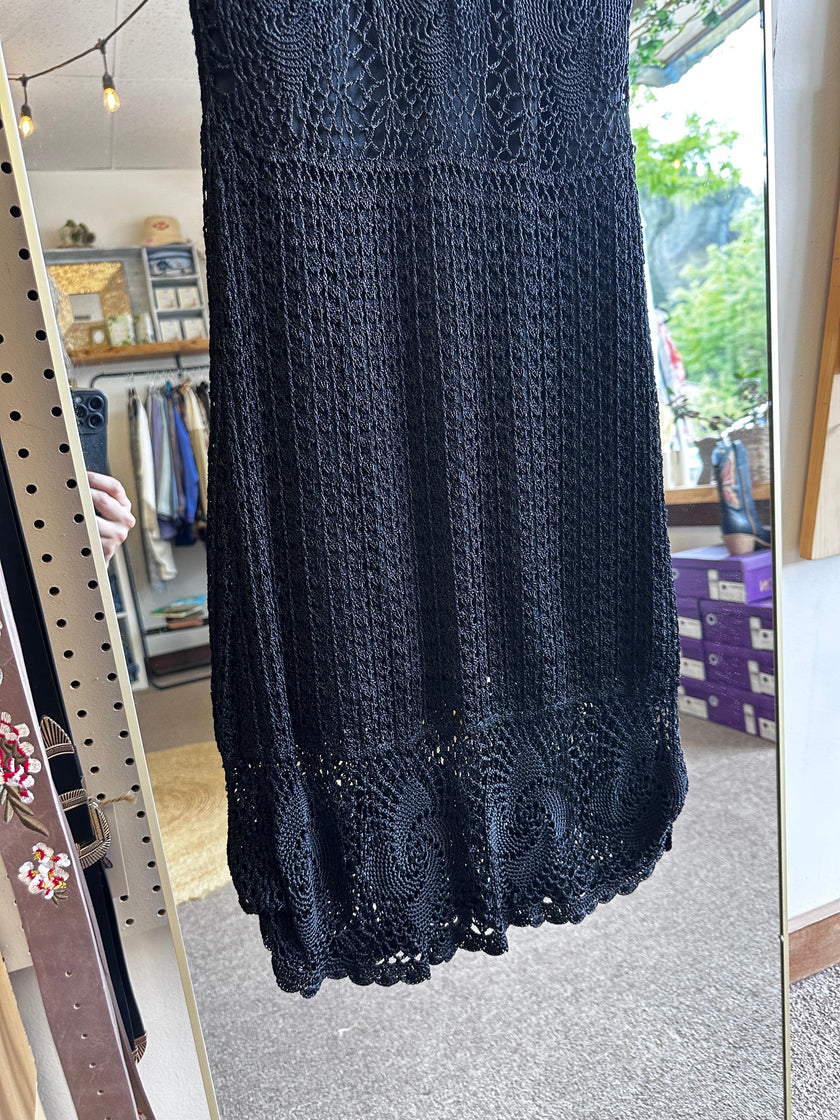 Vintage Black Crochet Midi Dress with Scalloped Hem | Size Small