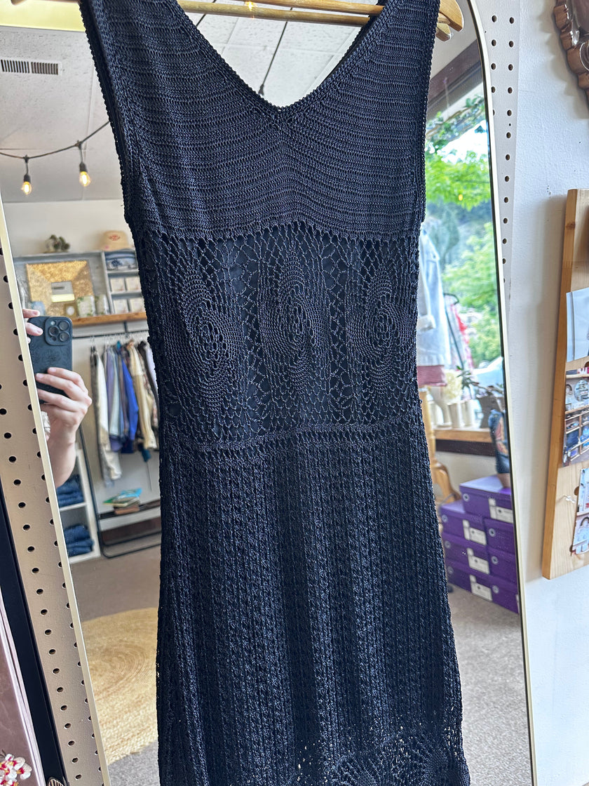 Vintage Black Crochet Midi Dress with Scalloped Hem | Size Small