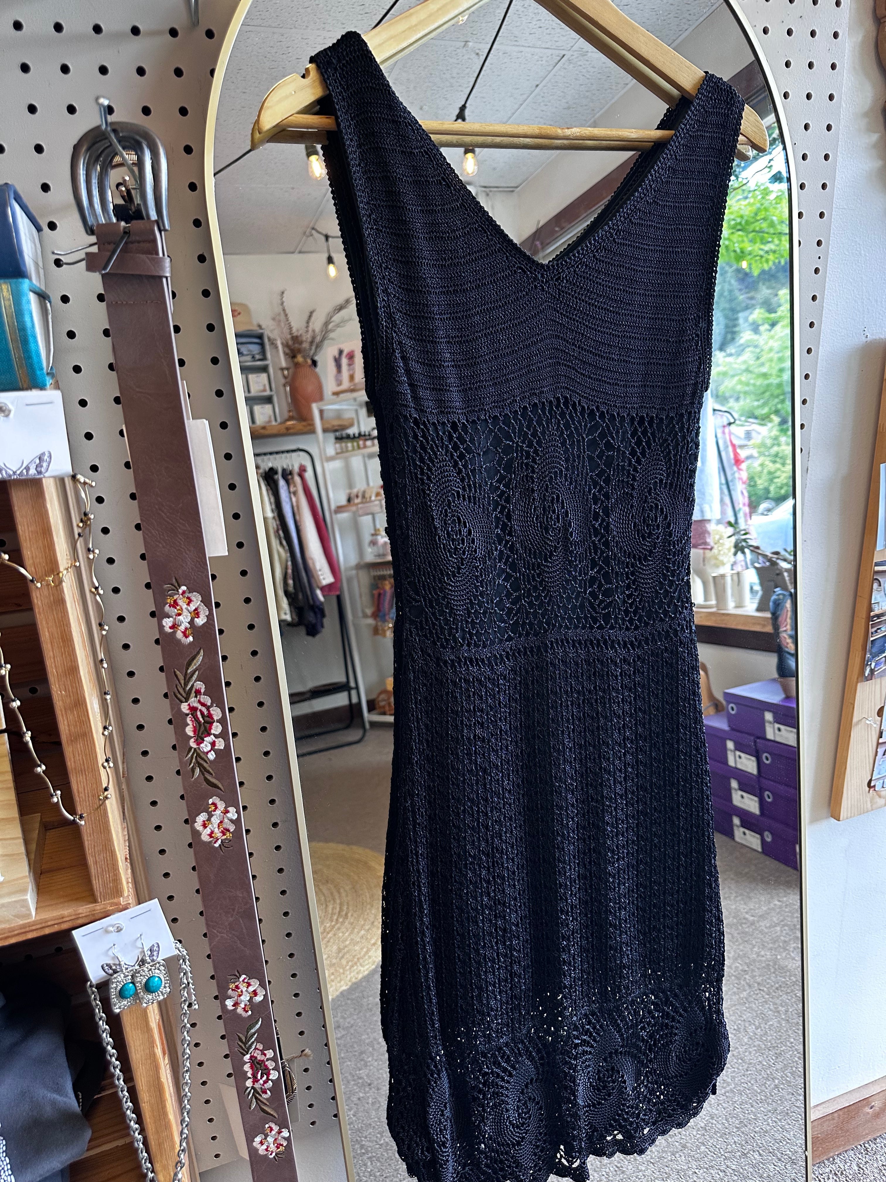 Vintage Black Crochet Midi Dress with Scalloped Hem | Size Small