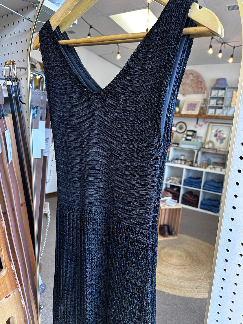 Vintage Black Crochet Midi Dress with Scalloped Hem | Size Small