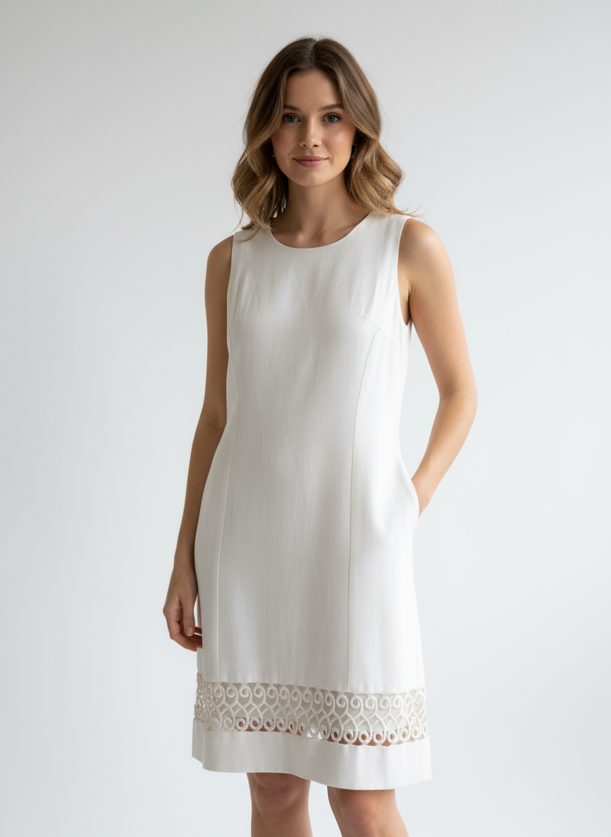Vintage 60s Cream Shift Dress with Scroll Hem Detail – Size Medium