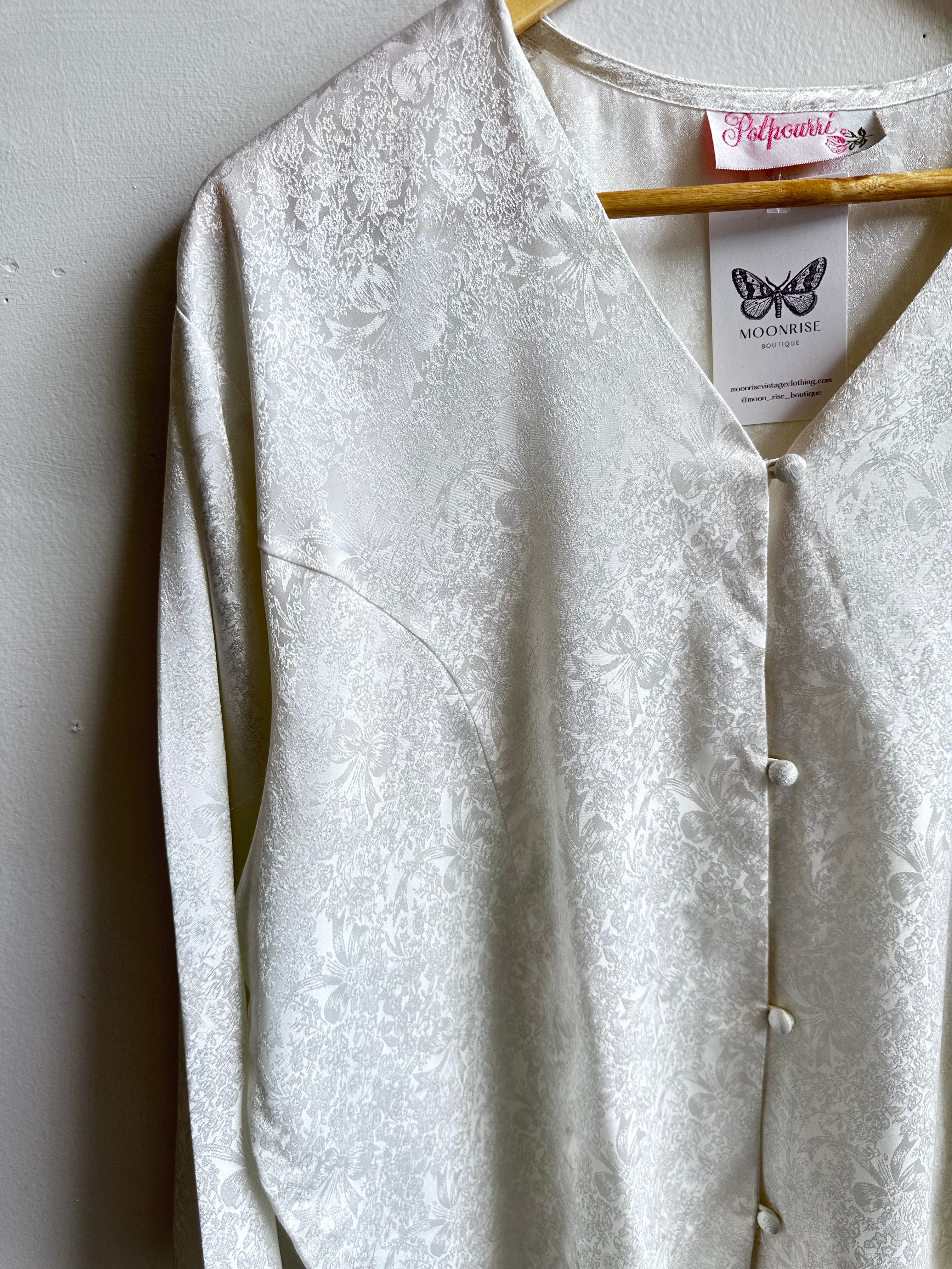 Vintage Shimmery Jacquard Button-Up Blouse – Size Large