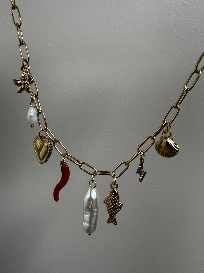 Golden Sea Charm Necklace with Pearls & Talisman Details