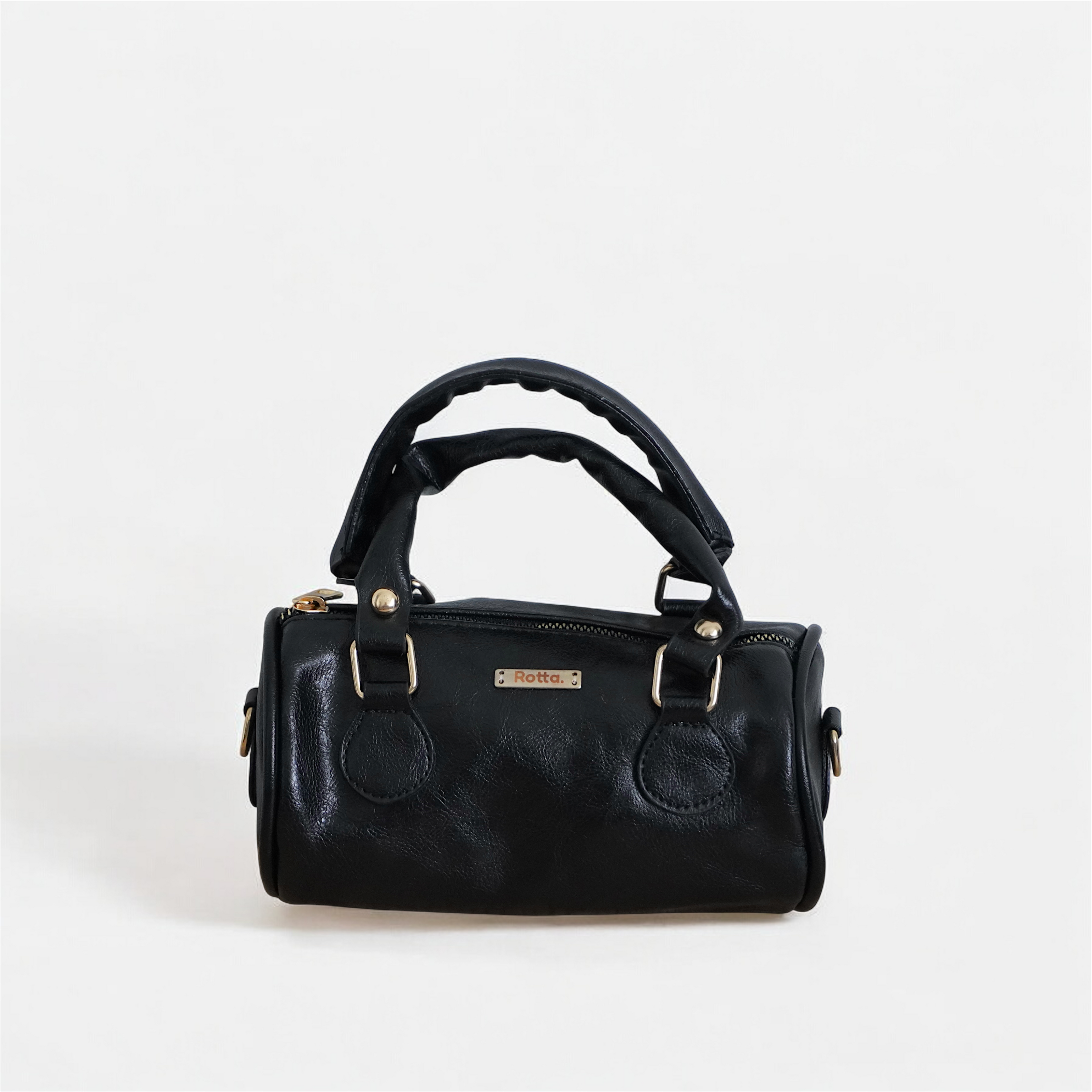 LIA - Elegant Round Mini Leather Bag with Long Strap, barrel bag - Gray & Black
