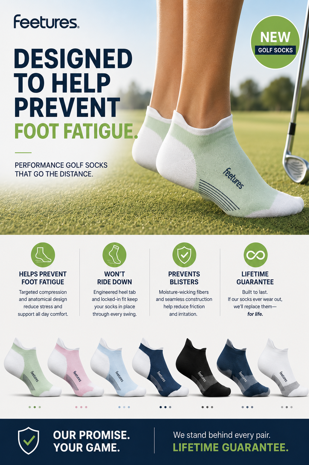 NEW Feetures Golf Max Cushion, No Slip Tab Socks