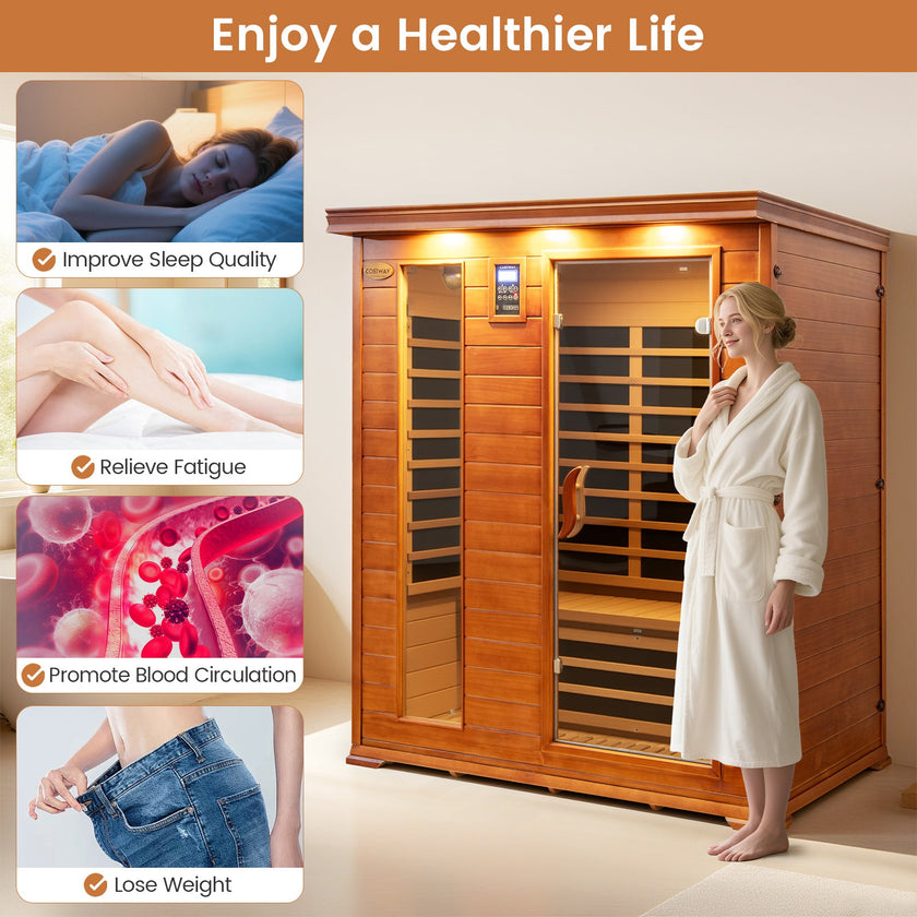 Costway- 2025 Model- 3 Person Infrared Sauna, Canadian Red Cedar Wood Far Infrared Sauna Room with 10 Carbon Heaters, Bluetooth Speakers, Reading Light, Indoor Personal Spa for Home Gym Relaxation-  Low EMF