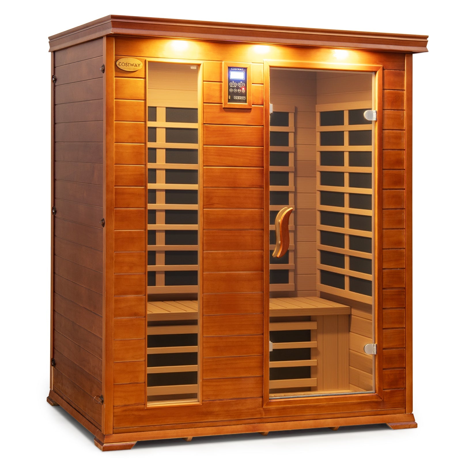 Costway- 2025 Model- 3 Person Infrared Sauna, Canadian Red Cedar Wood Far Infrared Sauna Room with 10 Carbon Heaters, Bluetooth Speakers, Reading Light, Indoor Personal Spa for Home Gym Relaxation-  Low EMF