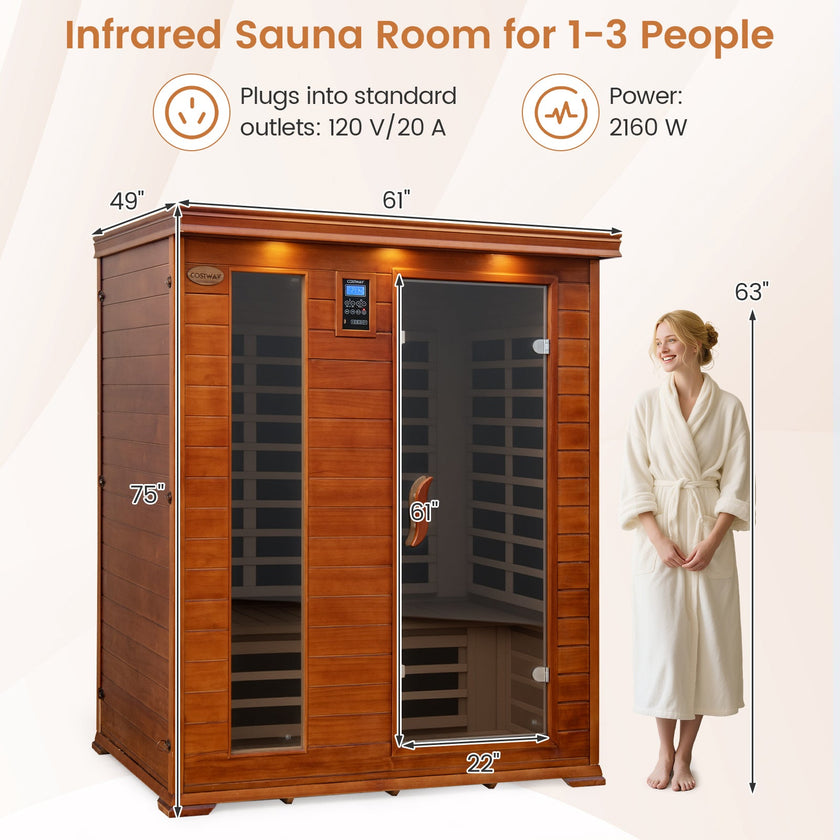 Costway- 2025 Model- 3 Person Infrared Sauna, Canadian Red Cedar Wood Far Infrared Sauna Room with 10 Carbon Heaters, Bluetooth Speakers, Reading Light, Indoor Personal Spa for Home Gym Relaxation-  Low EMF