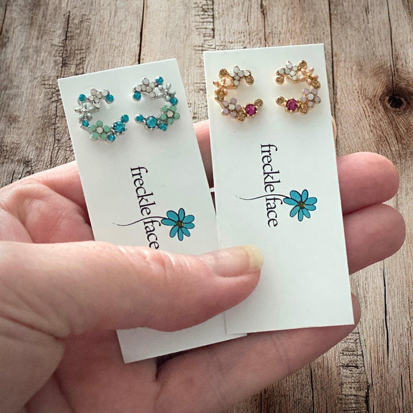 Crescent Bloom Stud Earrings – Floral Halo Design - Sparkle