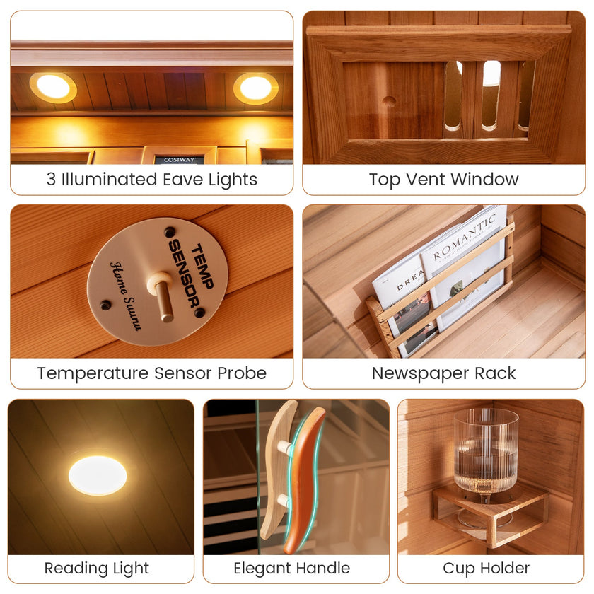 Costway- 2025 Model- 3 Person Infrared Sauna, Canadian Red Cedar Wood Far Infrared Sauna Room with 10 Carbon Heaters, Bluetooth Speakers, Reading Light, Indoor Personal Spa for Home Gym Relaxation-  Low EMF