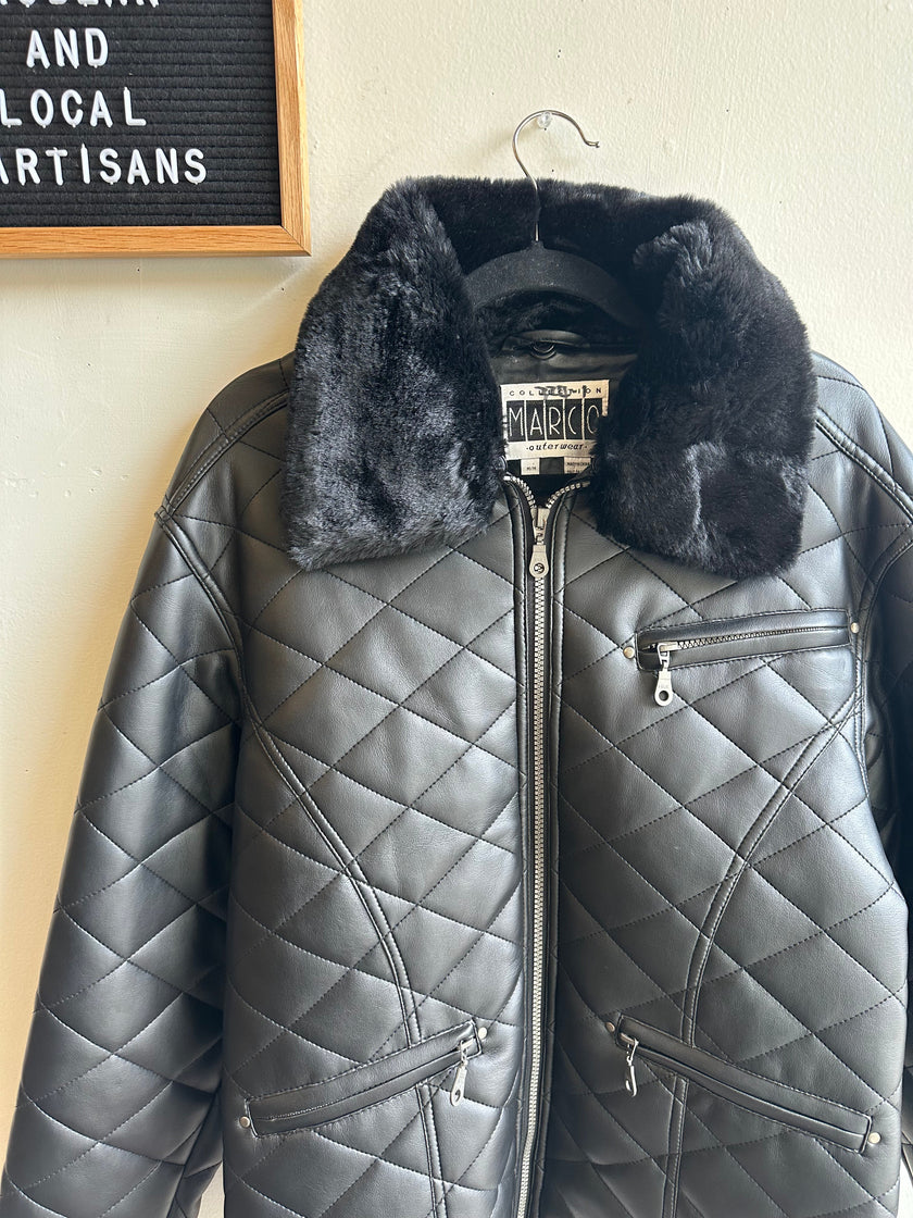 Vintage Marco Quilted Black Faux Leather Jacket with Faux Fur Collar | Size Medium