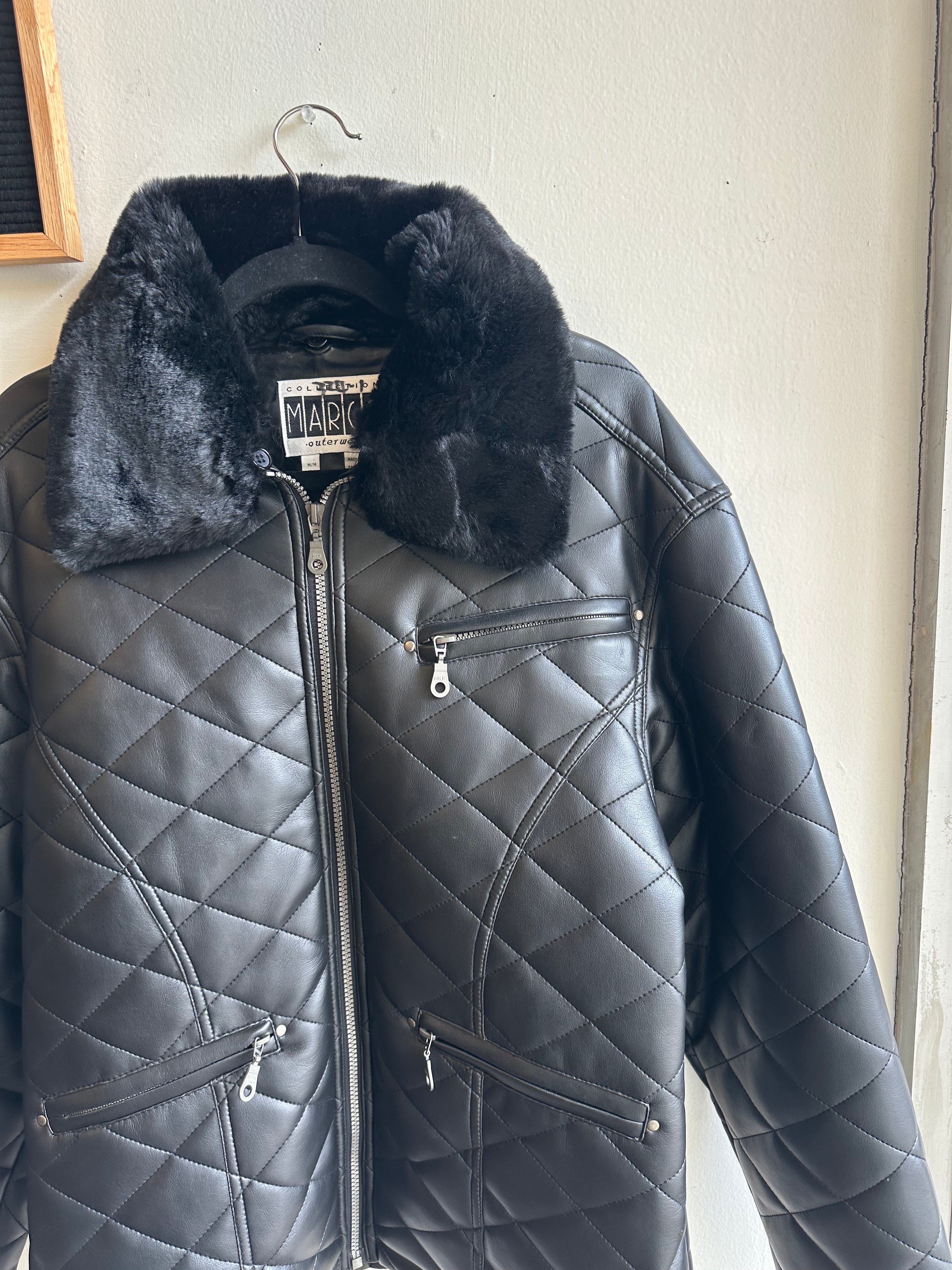 Vintage Marco Quilted Black Faux Leather Jacket with Faux Fur Collar | Size Medium