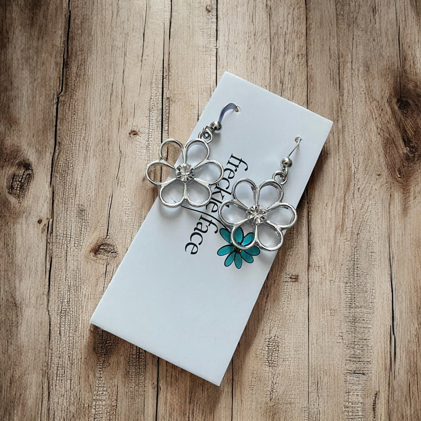 Cutie Patootie Flower Earrings – Silver Floral Dangles with Rhinestone Center