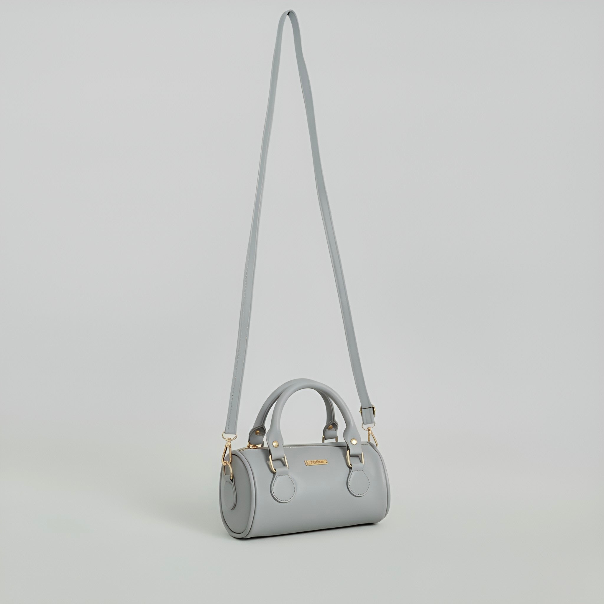 LIA - Elegant Round Mini Leather Bag with Long Strap, barrel bag - Gray & Black
