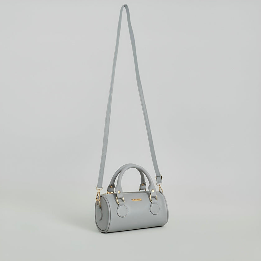 LIA - Elegant Round Mini Leather Bag with Long Strap, barrel bag - Gray & Black