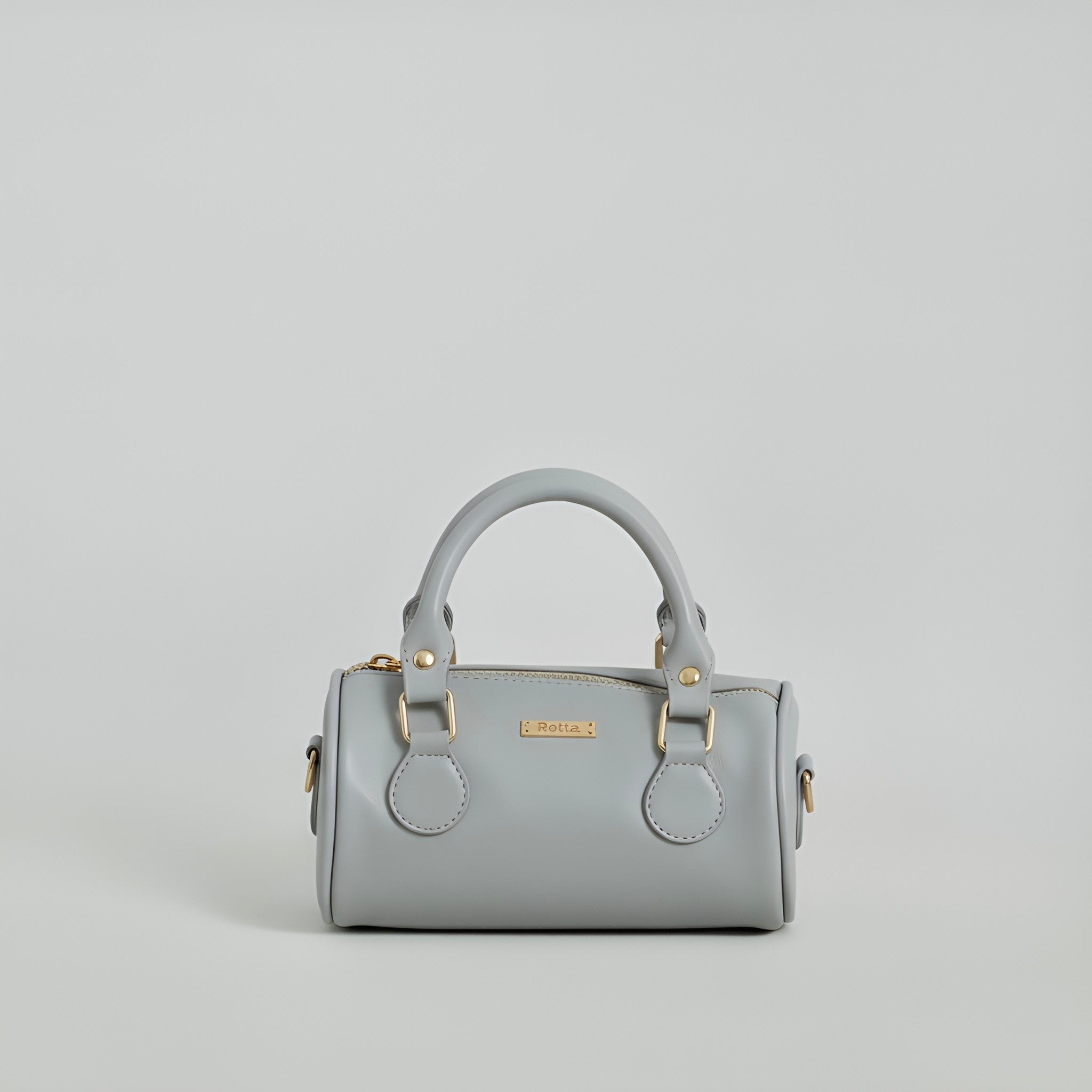 LIA - Elegant Round Mini Leather Bag with Long Strap, barrel bag - Gray & Black
