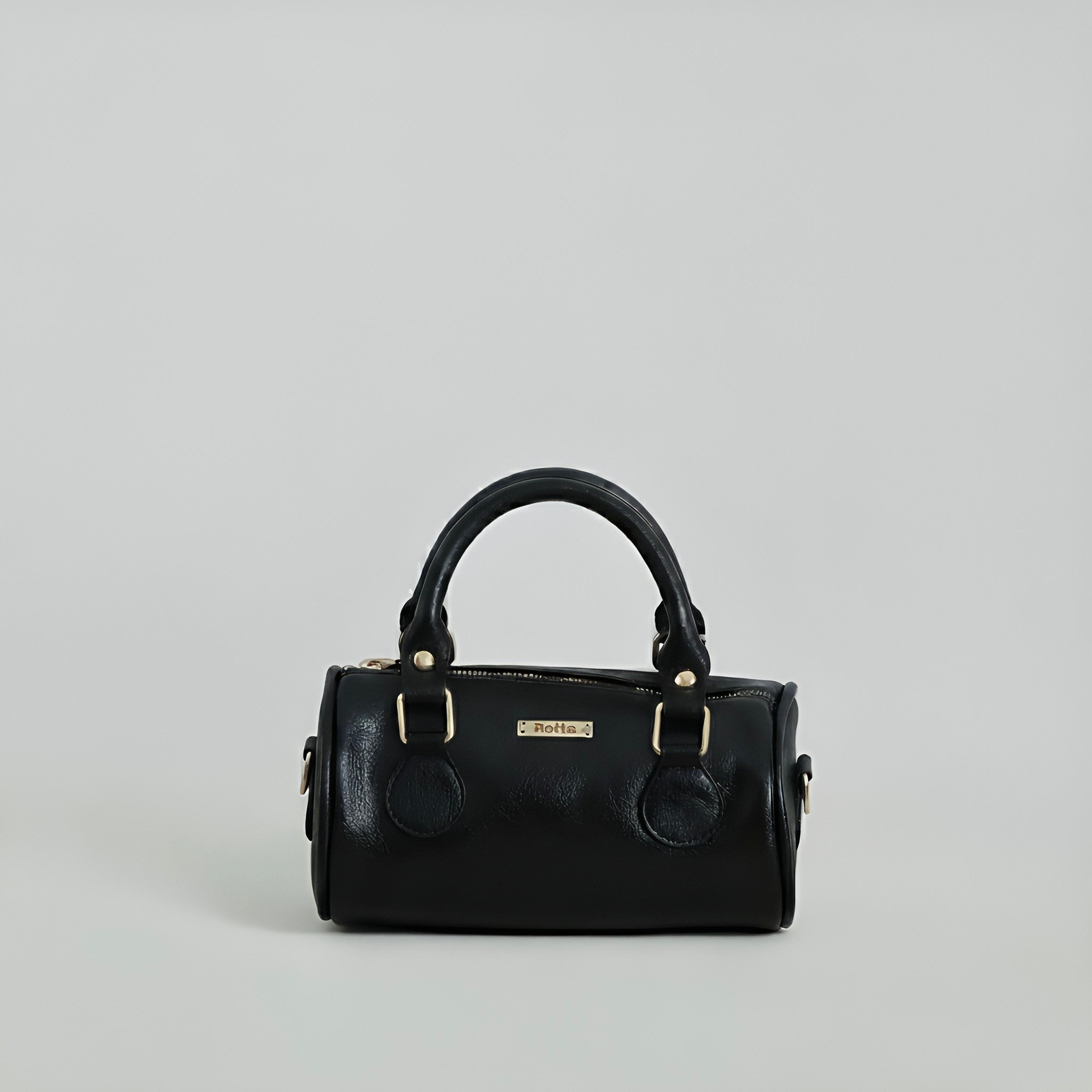 LIA - Elegant Round Mini Leather Bag with Long Strap, barrel bag - Gray & Black