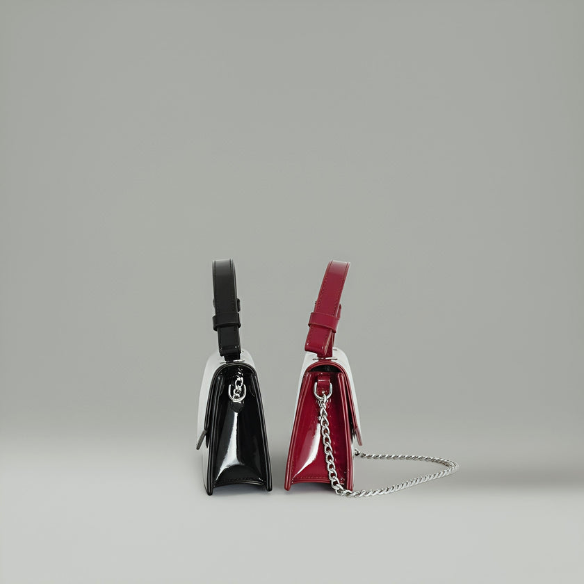 CHERRY - Glossy Chic Mini Leather Crossbody Bag - Cherry Red & Black
