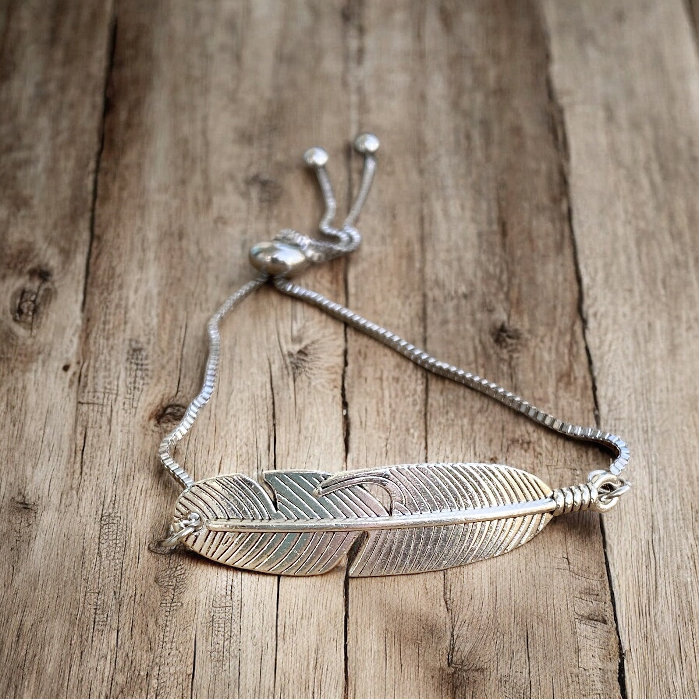Adjustable Bracelet - Silver Feather