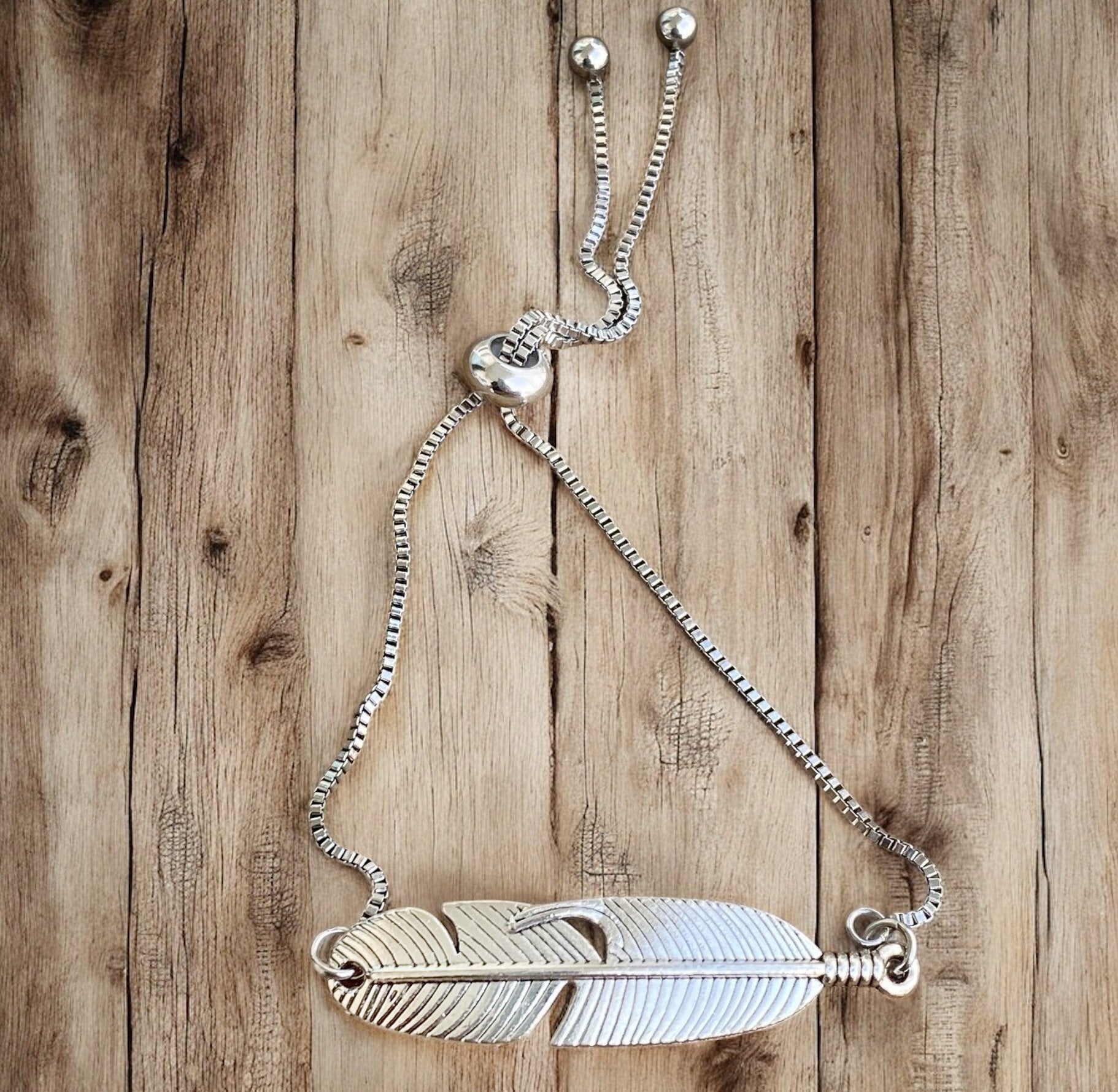 Adjustable Bracelet - Silver Feather