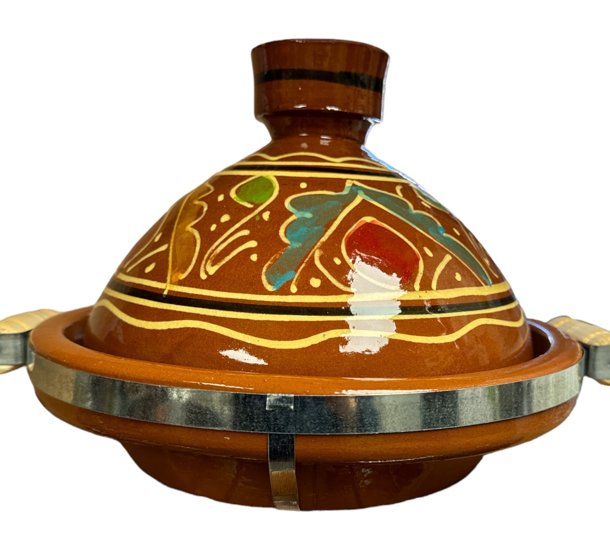 TAYEB Tagine Pot Conical Decirated with Metal Belt & wood hand 25cm