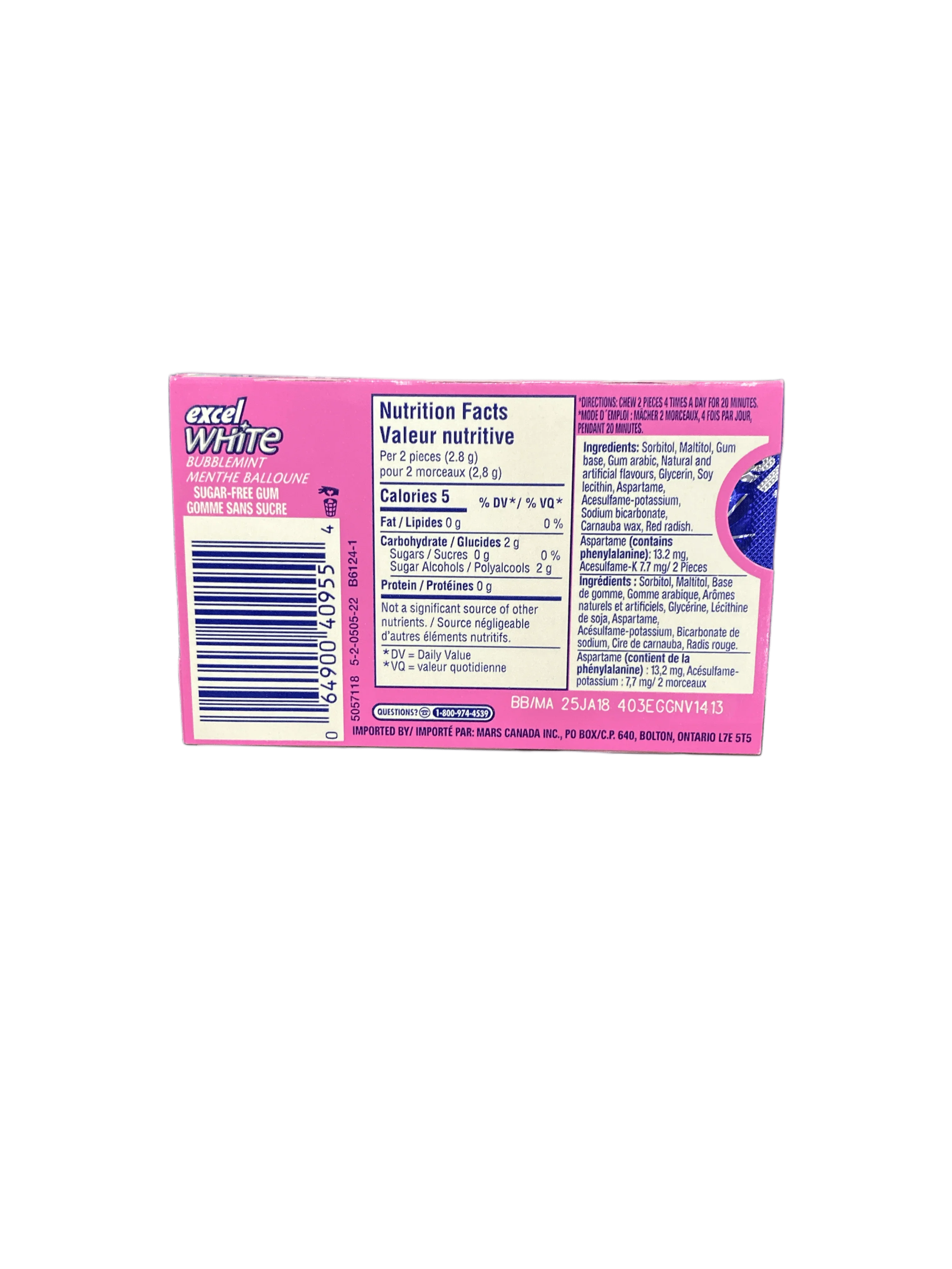 Excel White Bubblemint Gum 12 Pieces - Canadian Edition