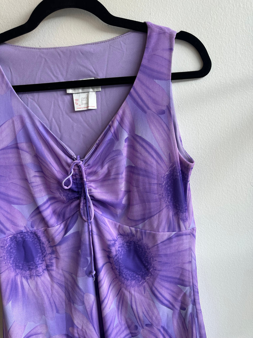 Vintage 90s Purple Floral Daisy Sleeveless Dress