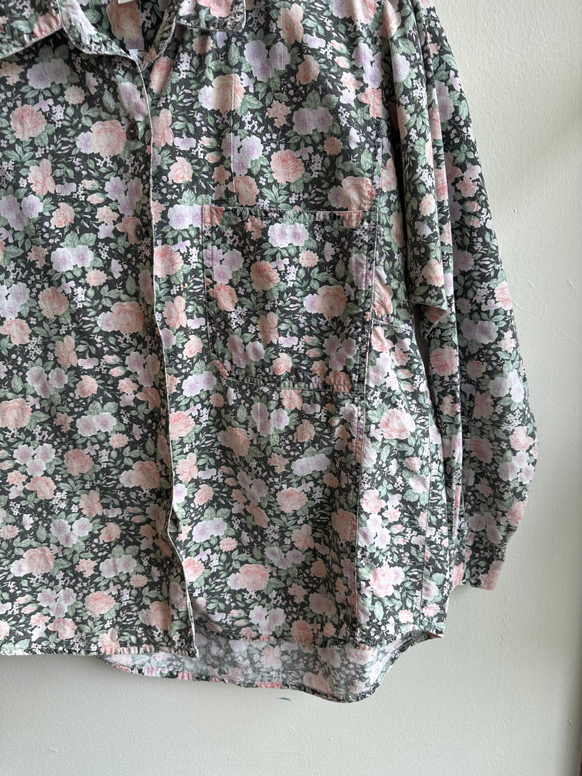 Vintage 80s Pastel Floral Cotton Button Up Long Sleeve Top