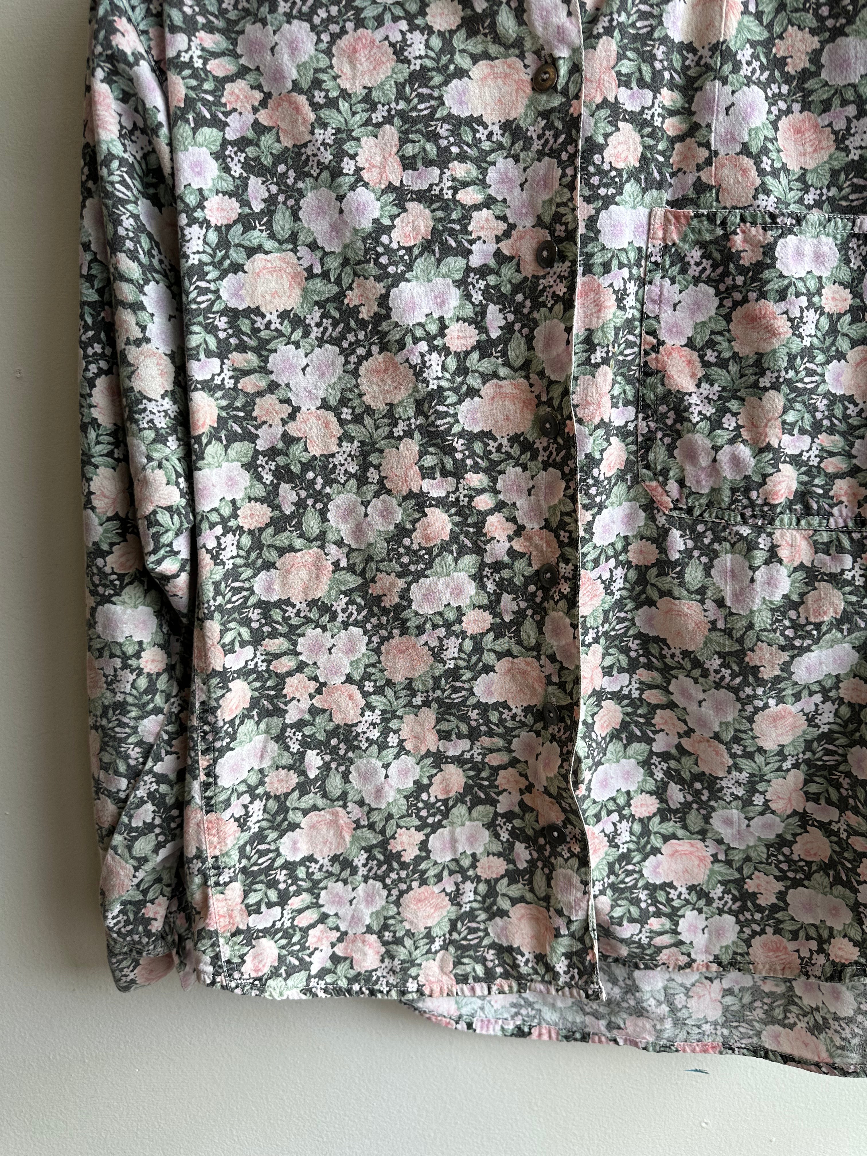 Vintage 80s Pastel Floral Cotton Button Up Long Sleeve Top