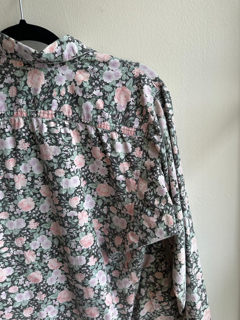 Vintage 80s Pastel Floral Cotton Button Up Long Sleeve Top