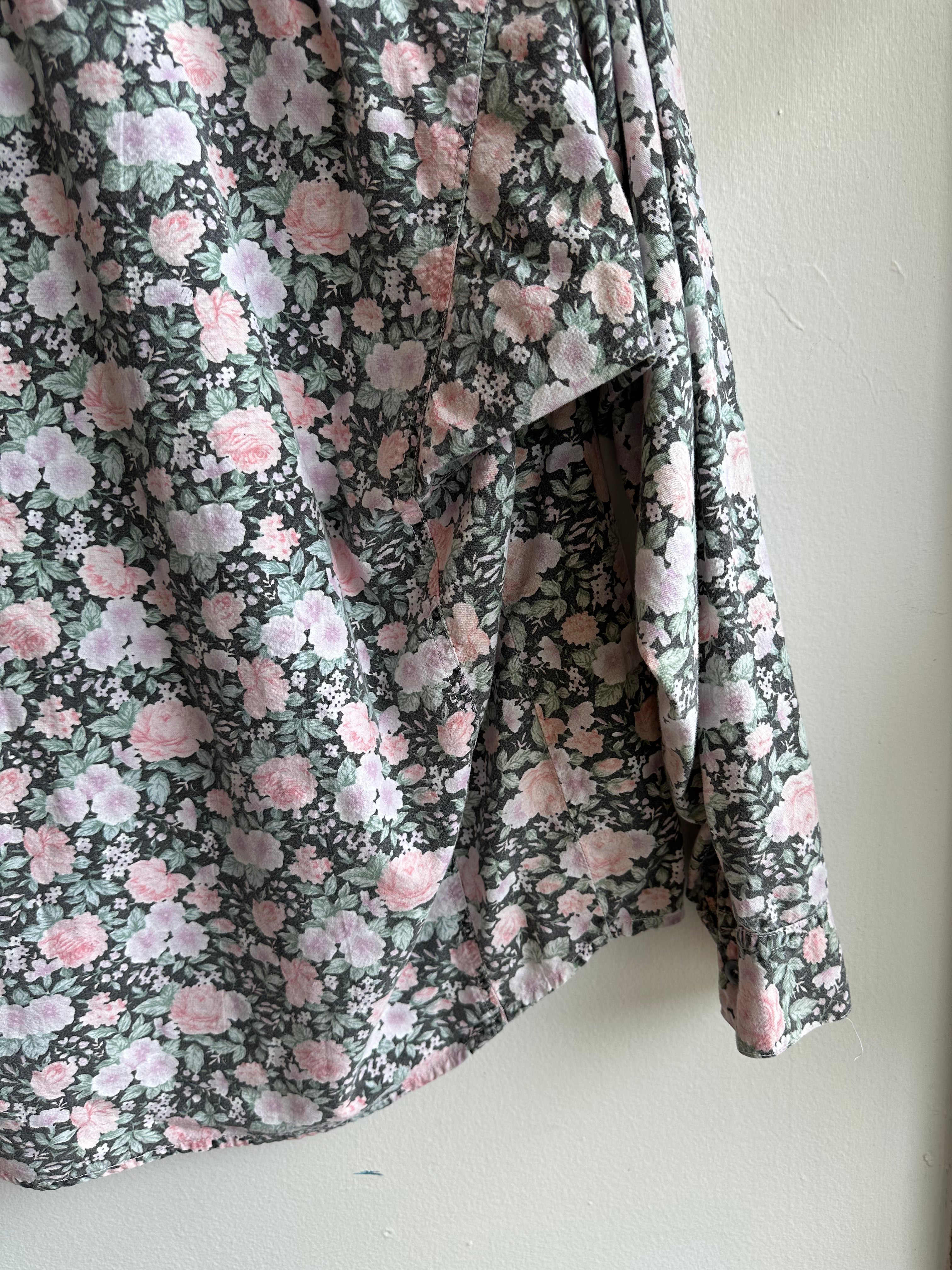 Vintage 80s Pastel Floral Cotton Button Up Long Sleeve Top