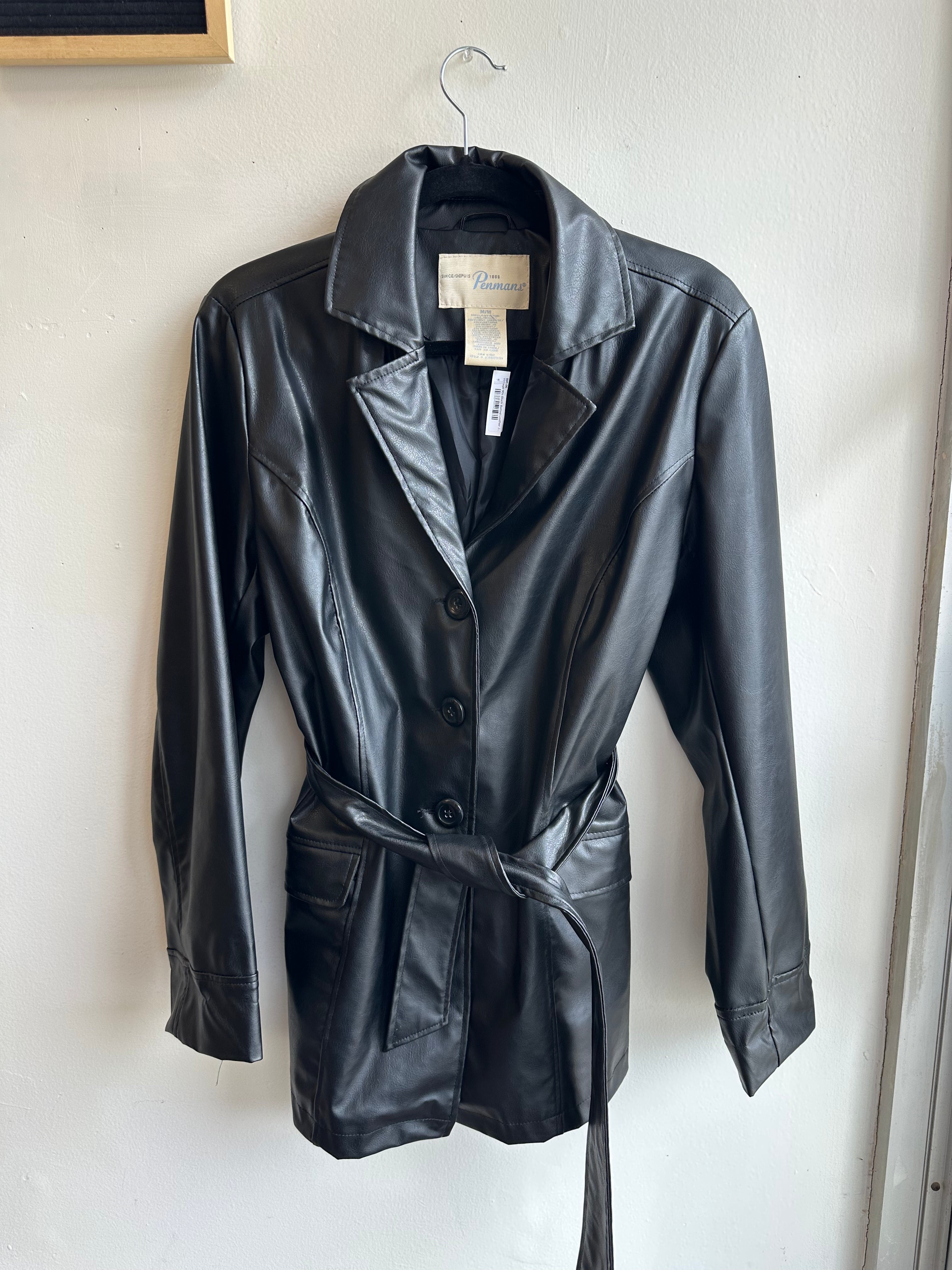 Vintage 90s Button Up Leather Jacket with Tie at Waist