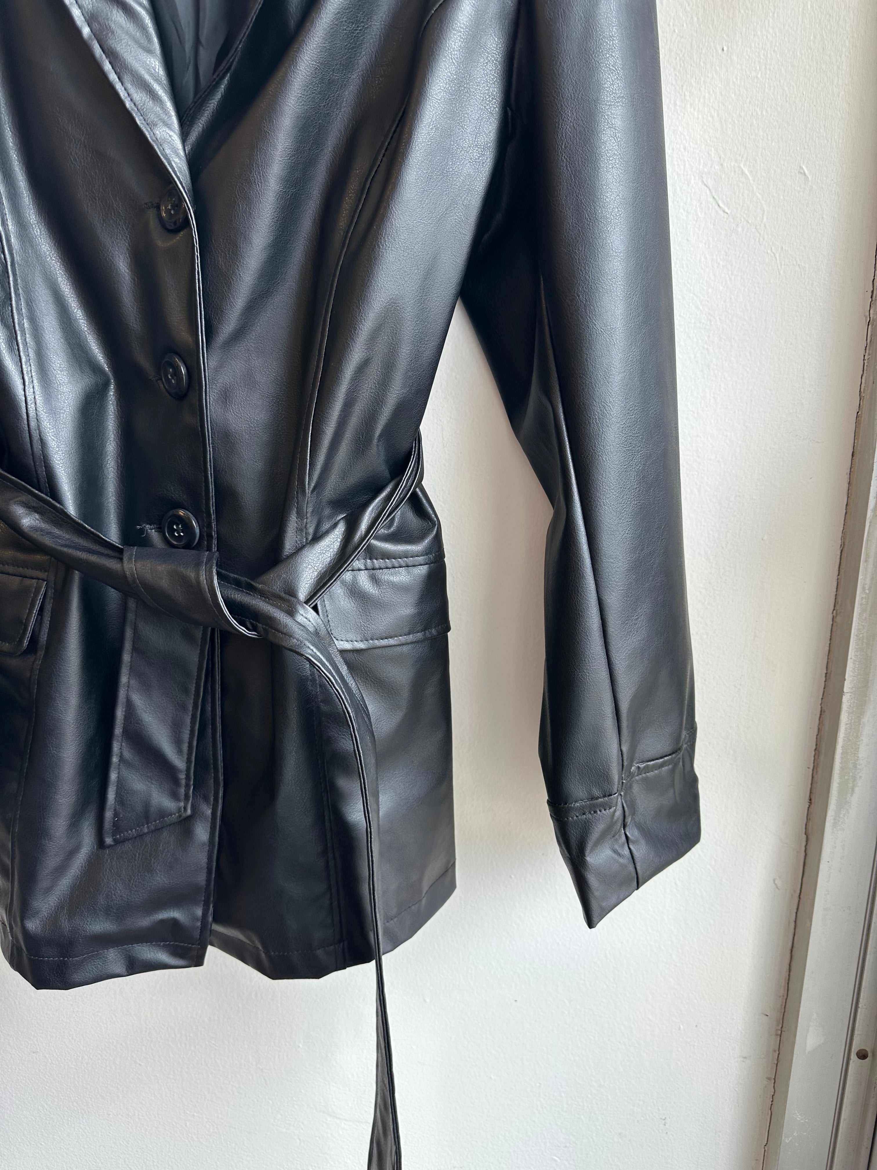 Vintage 90s Button Up Leather Jacket with Tie at Waist