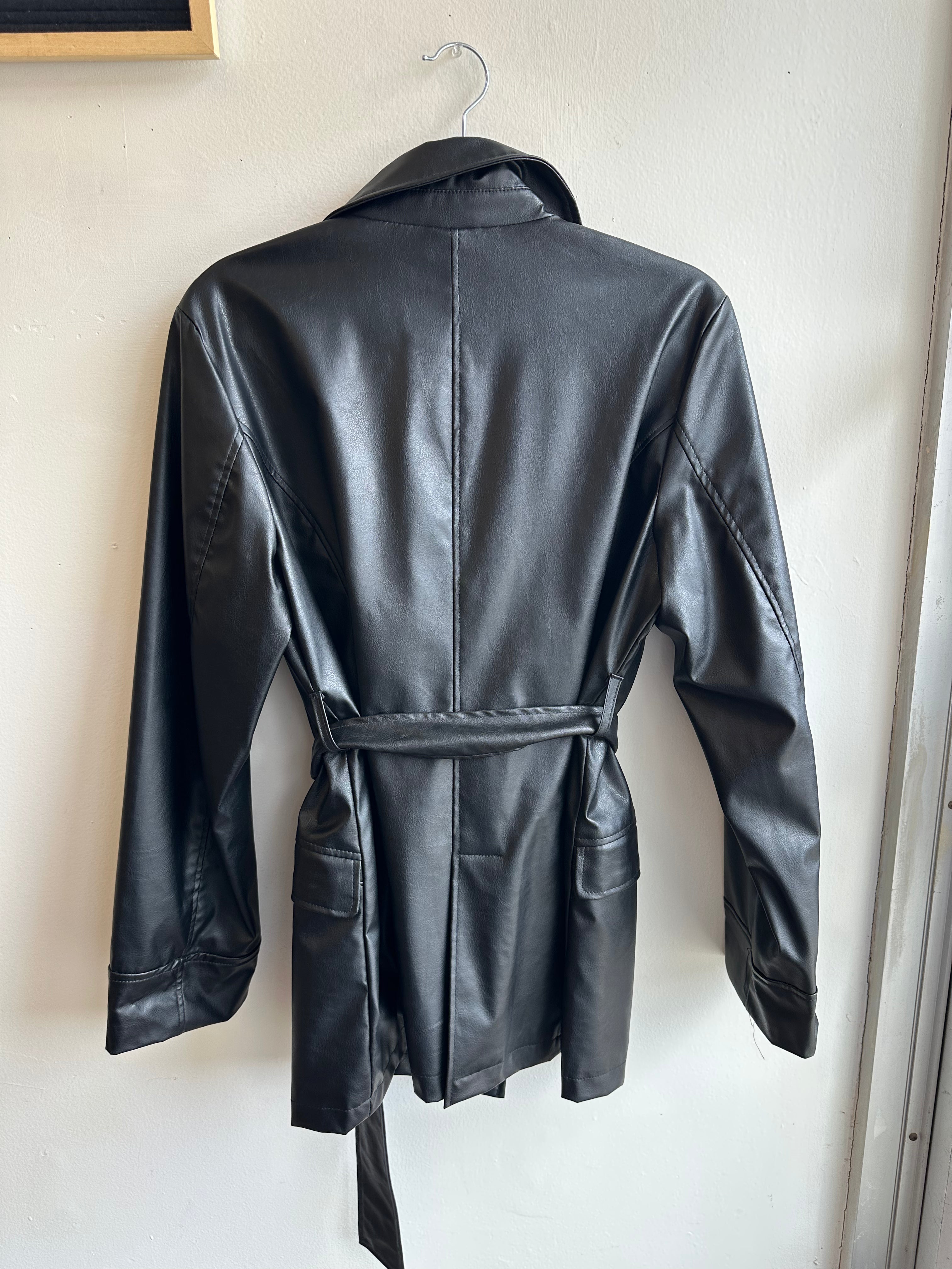 Vintage 90s Button Up Leather Jacket with Tie at Waist