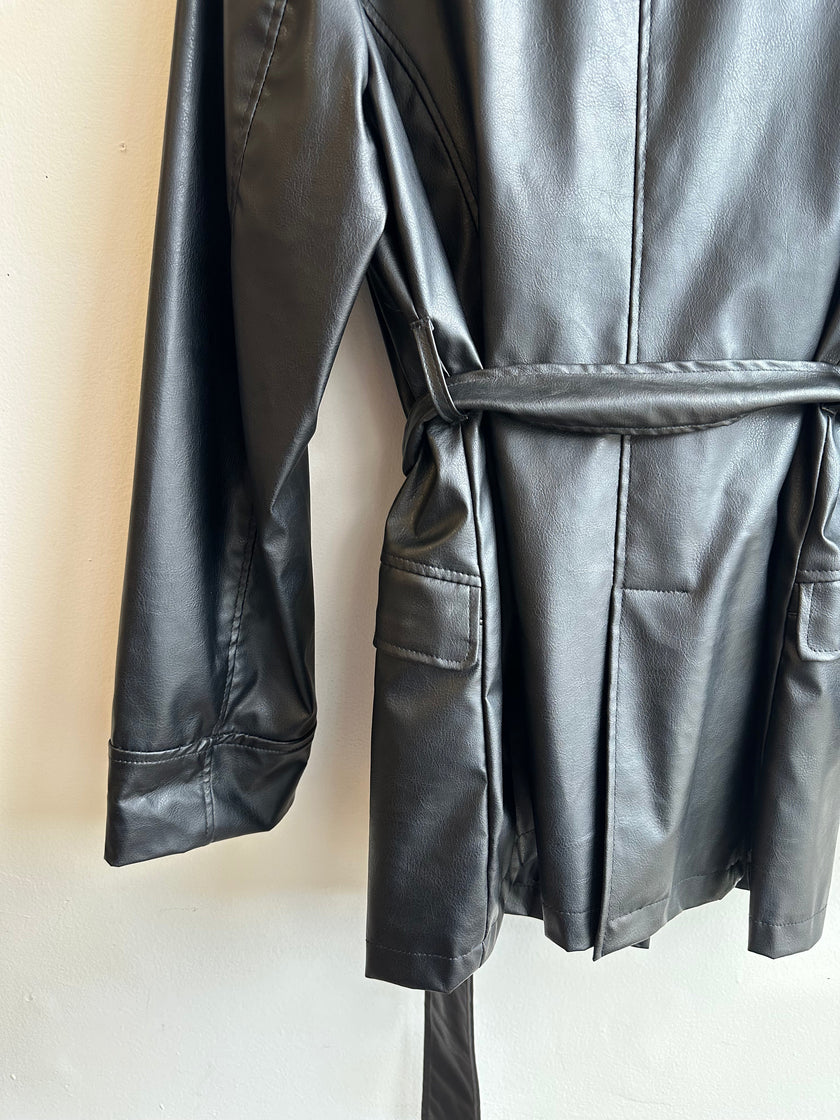 Vintage 90s Button Up Leather Jacket with Tie at Waist