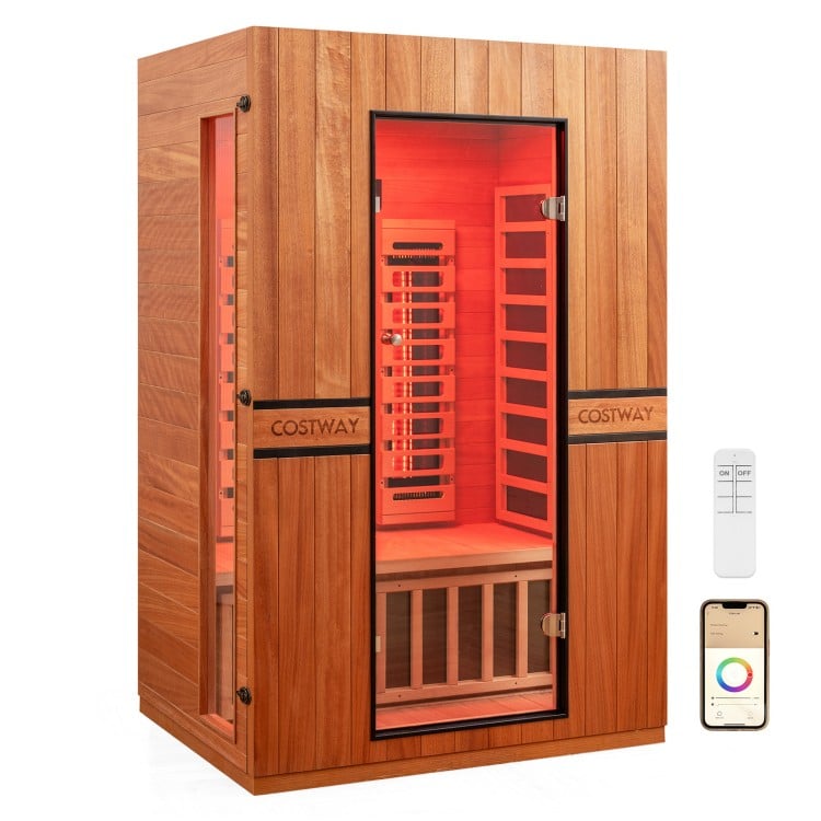 PREORDER SEPTEMBER 2026 - *NEW* 2026 Model-Premium Series-Costway 2-Person Dual Therapy Full Spectrum Infrared Sauna with Red Light Panel($900 Value), WiFi App Control, Chromotherapy & Bluetooth – Okoume Wood- Fully Loaded Indoor Spa