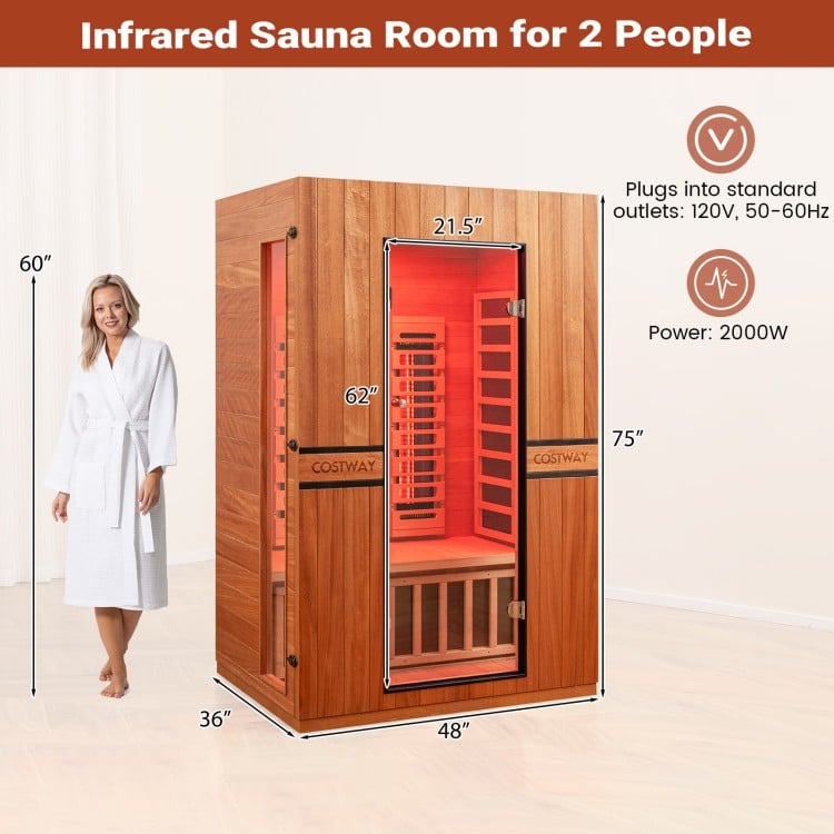PREORDER SEPTEMBER 2026 - *NEW* 2026 Model-Premium Series-Costway 2-Person Dual Therapy Full Spectrum Infrared Sauna with Red Light Panel($900 Value), WiFi App Control, Chromotherapy & Bluetooth – Okoume Wood- Fully Loaded Indoor Spa