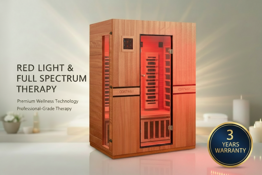 Costway 2026 Premium Series- 3-Person Full Spectrum Infrared Sauna — Okoume Wood • App Control • Red Light • Chromotherapy Fully Loaded 3D Heat