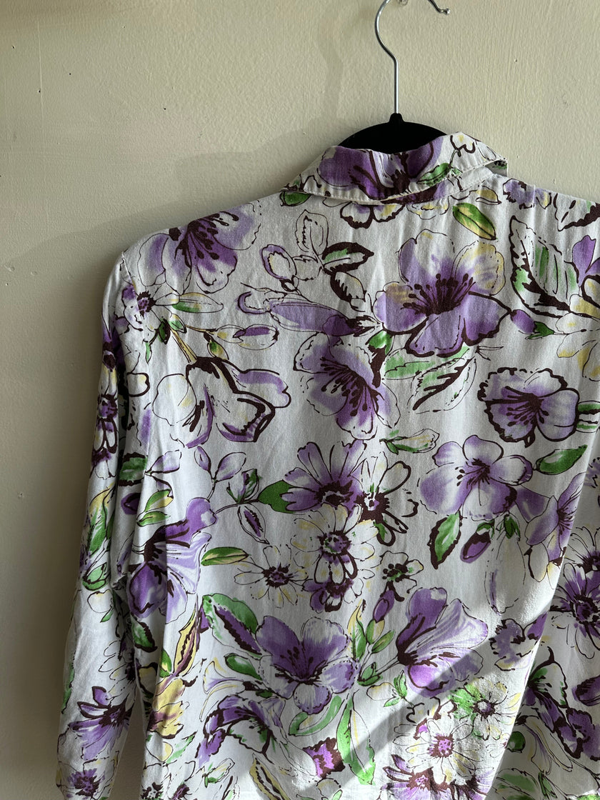 Vintage Linen Purple + White Button Up Top | Size Medium