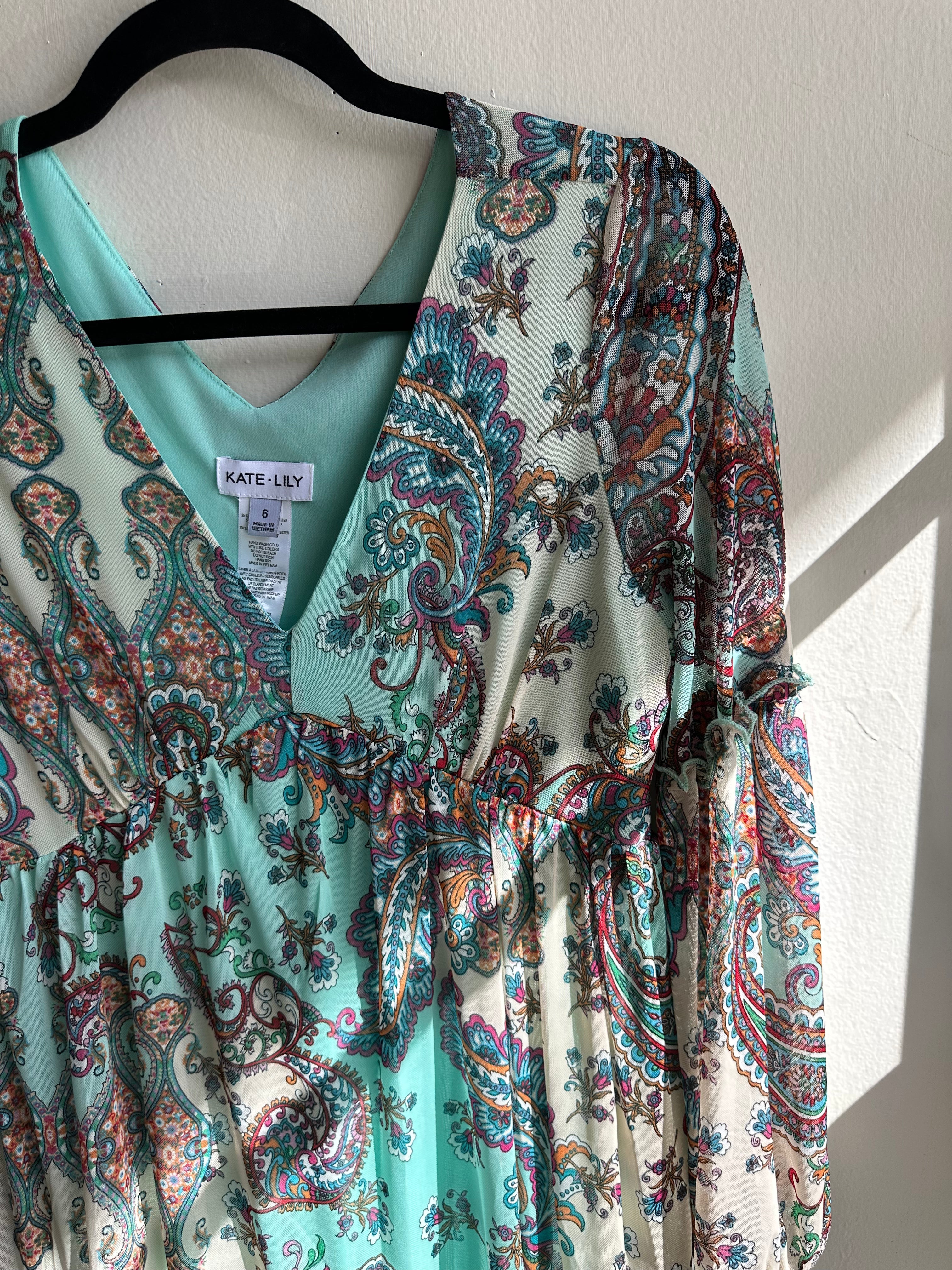 Kate + Lily Teal Paisley Boho Dress