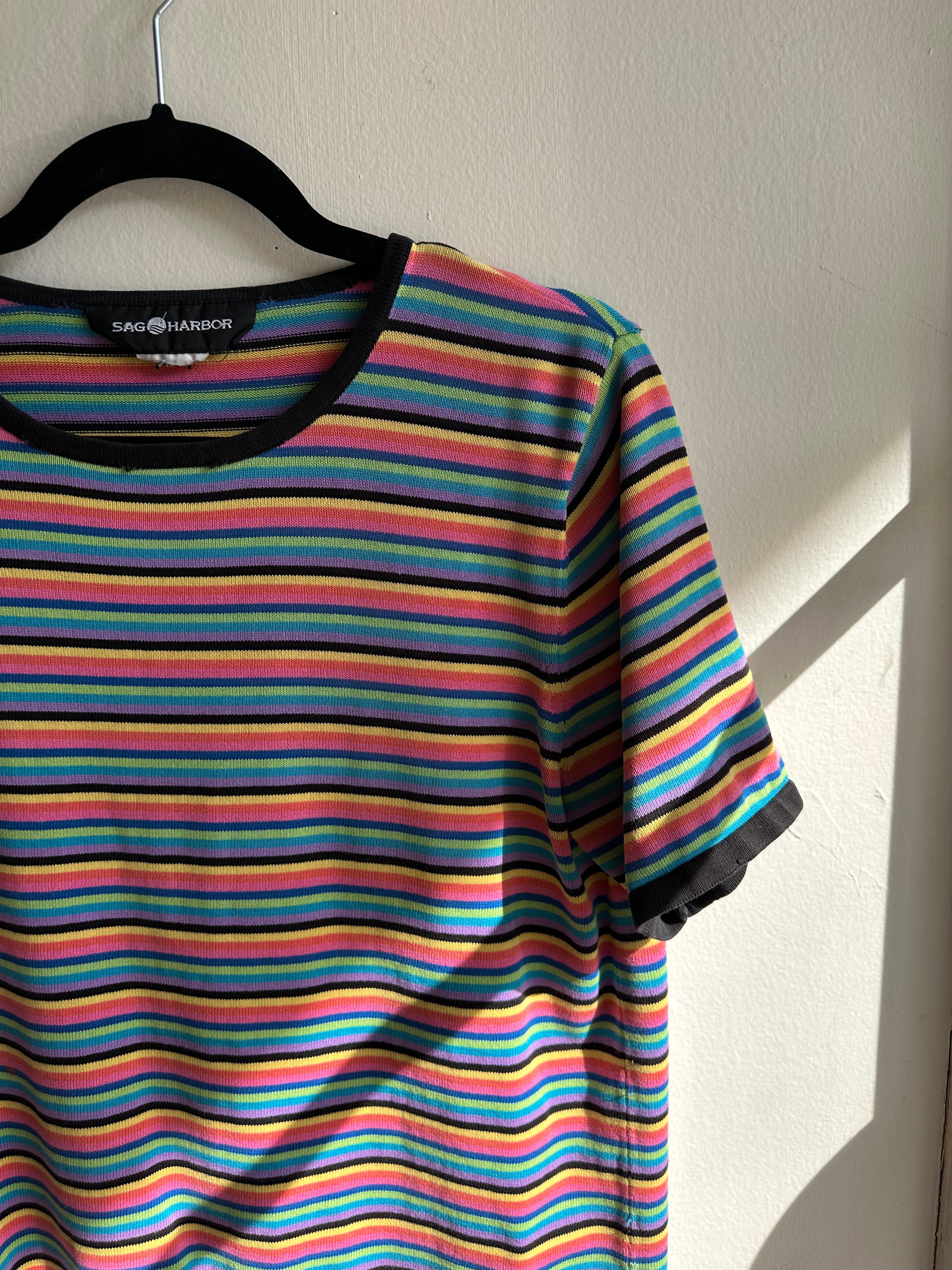 Vintage 90s Striped Colourful Knit T-Shirt | Size Medium